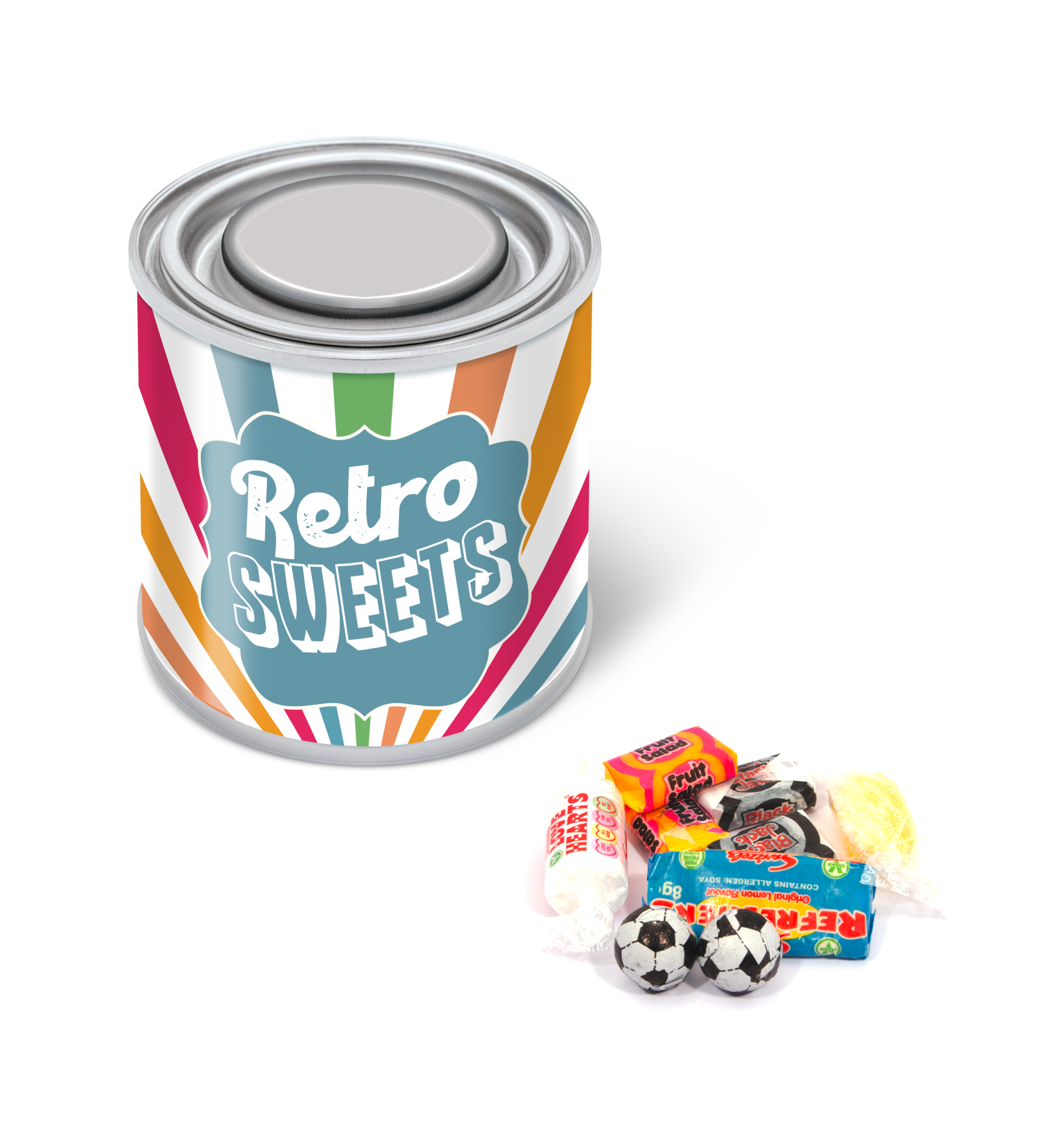 Small paint tin with retro sweets, featuring a colourful label, branded with your logo