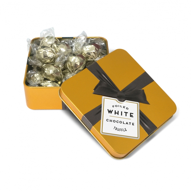 Special Offers – Small Gold Square Tin – White Chocolate Truffles