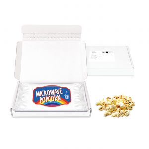 Gift Boxes - Mini White Postal Box - Microwave Popcorn - PAPER LABEL, a branded snacks printed with your logo (view 3)