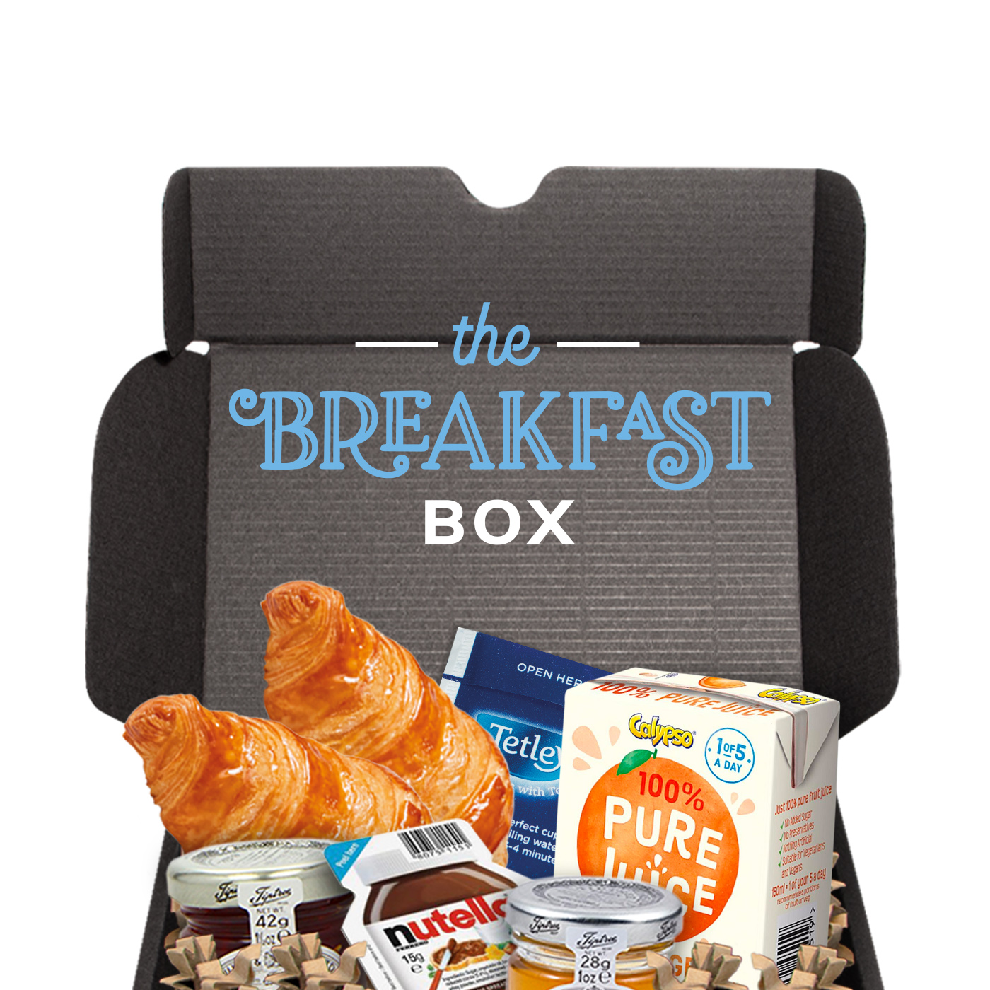 Midi black gift box with breakfast items, featuring printed text 'the BREAKFAST BOX.', branded with your logo