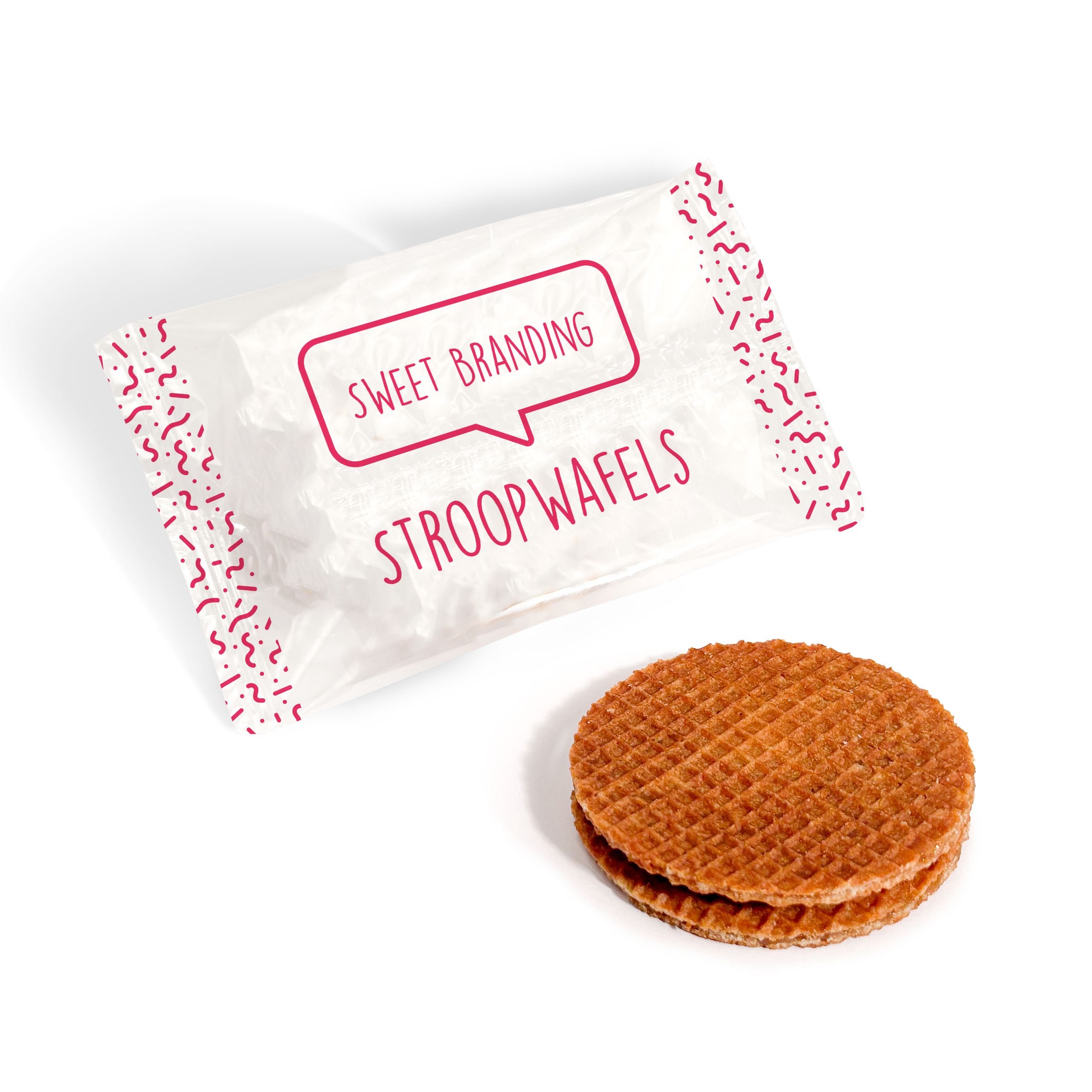 Flow wrapped stroopwafels in a branded white wrapper with red text, branded with your logo