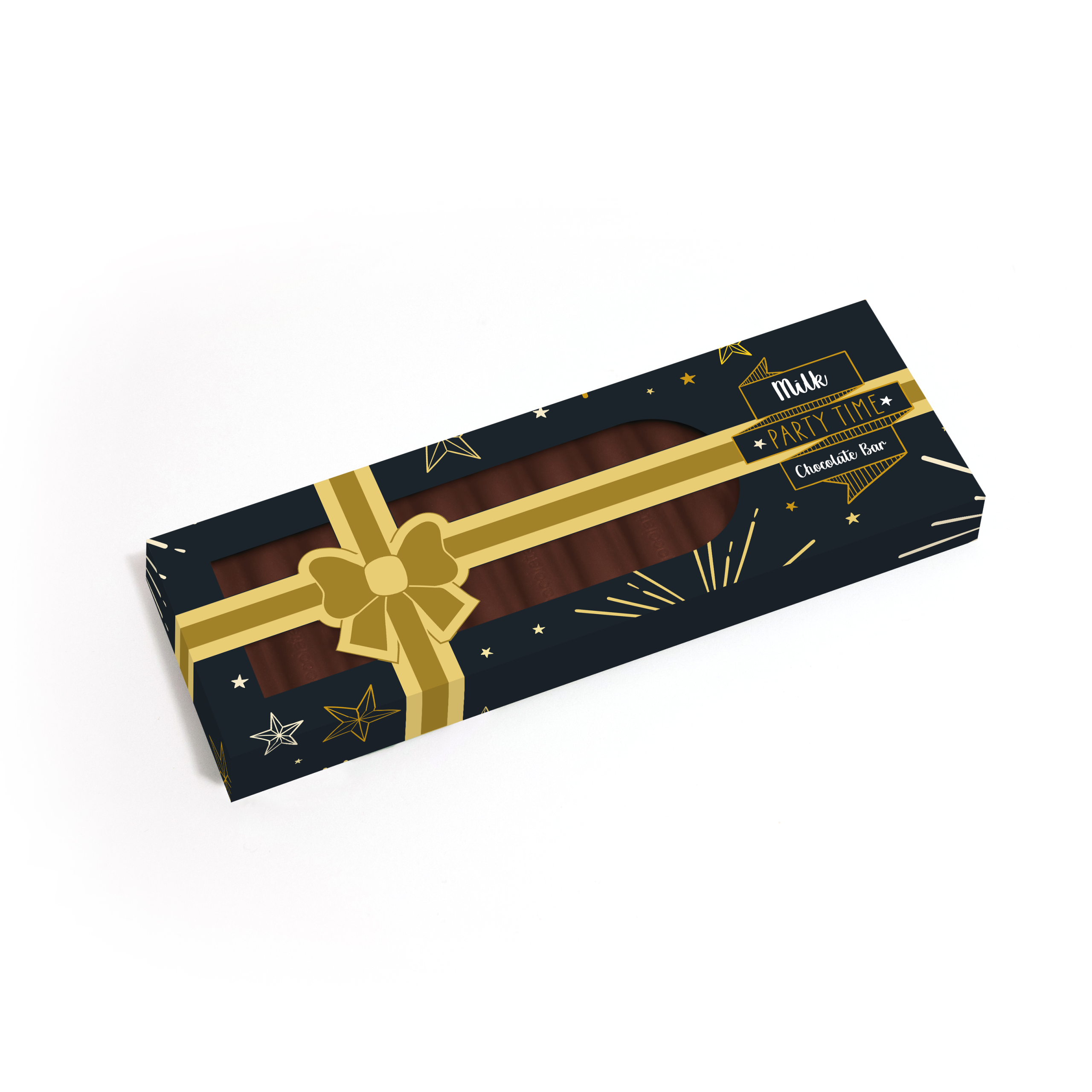 Eco-friendly baton bar box with a navy and gold design, containing milk chocolate batons, branded with your logo