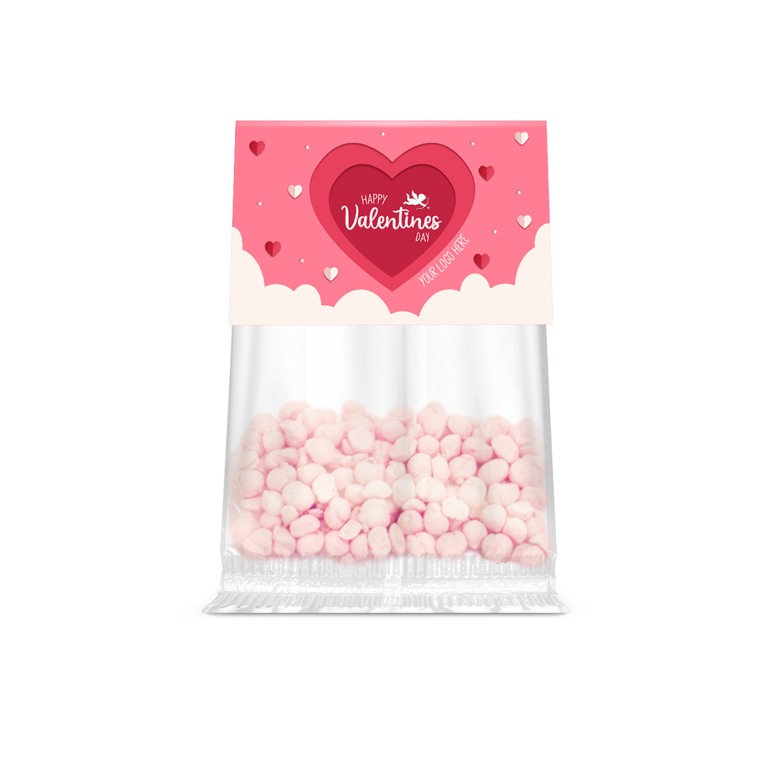 Clear bag with pink and white strawberry sweets and a Valentine's themed info card, branded with your logo