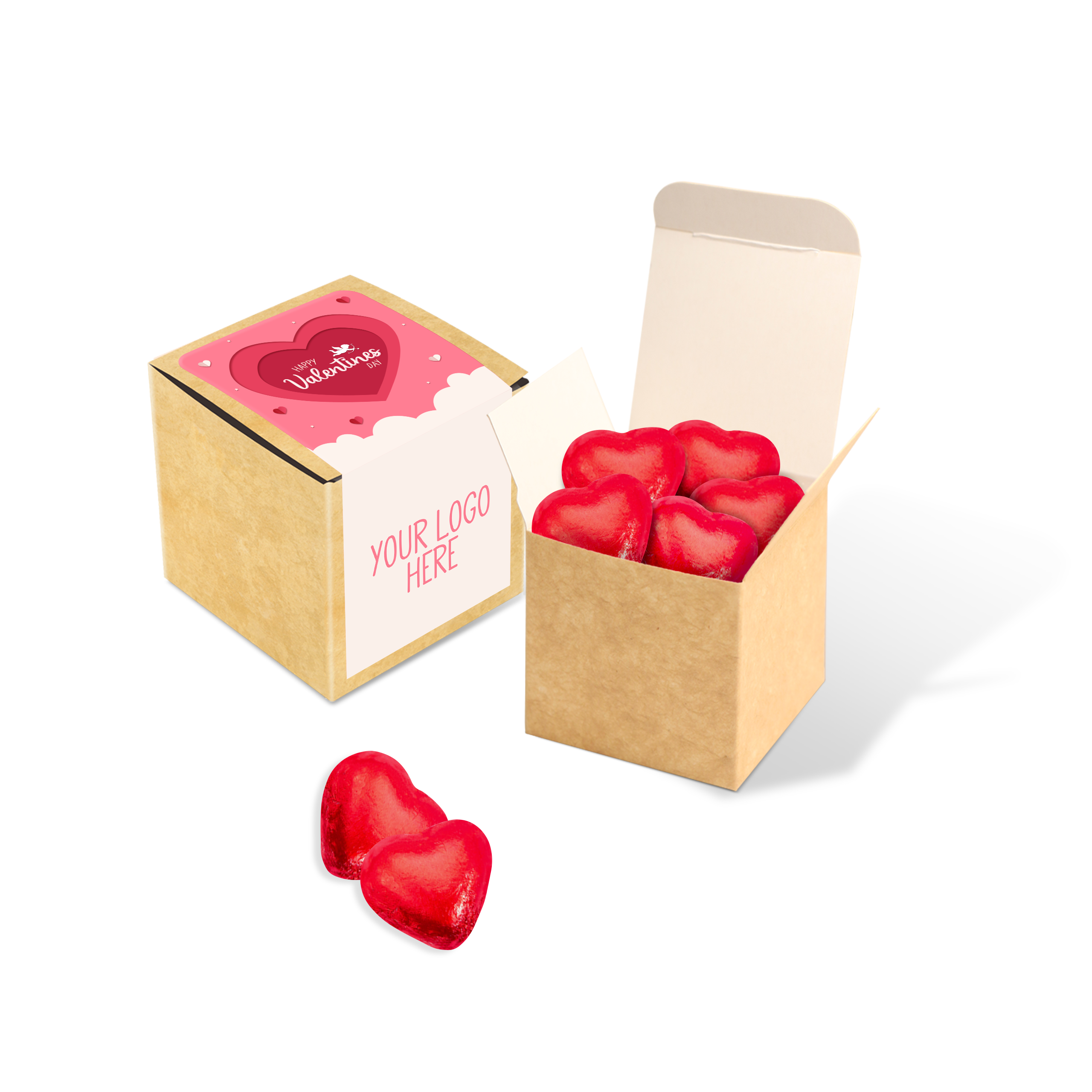 Valentines - Eco Kraft Cube - Red Foiled Hearts, a branded confectionery printed with your logo