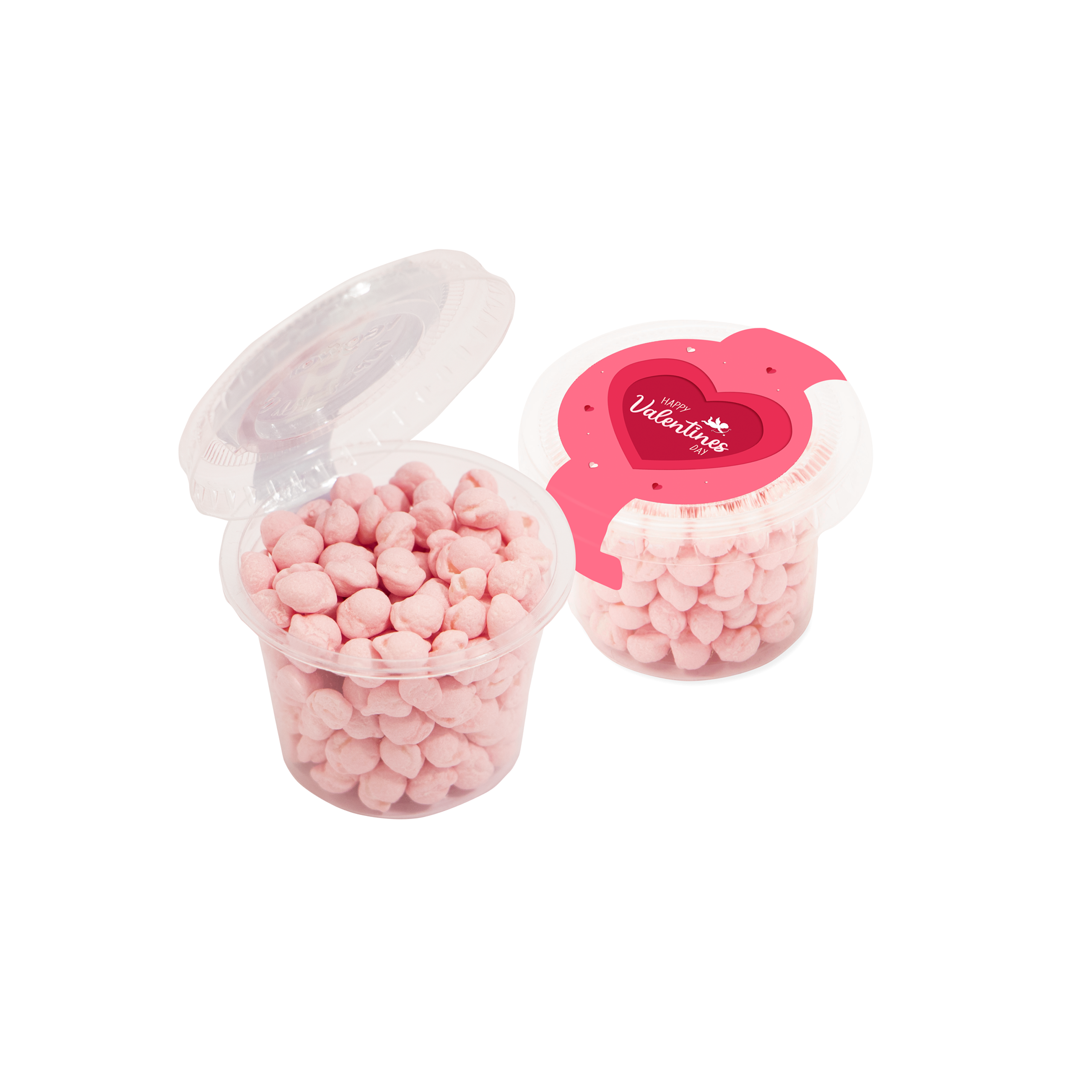 Eco mini pot filled with pink Strawberry Millions, with a red heart branded wrap, branded with your logo