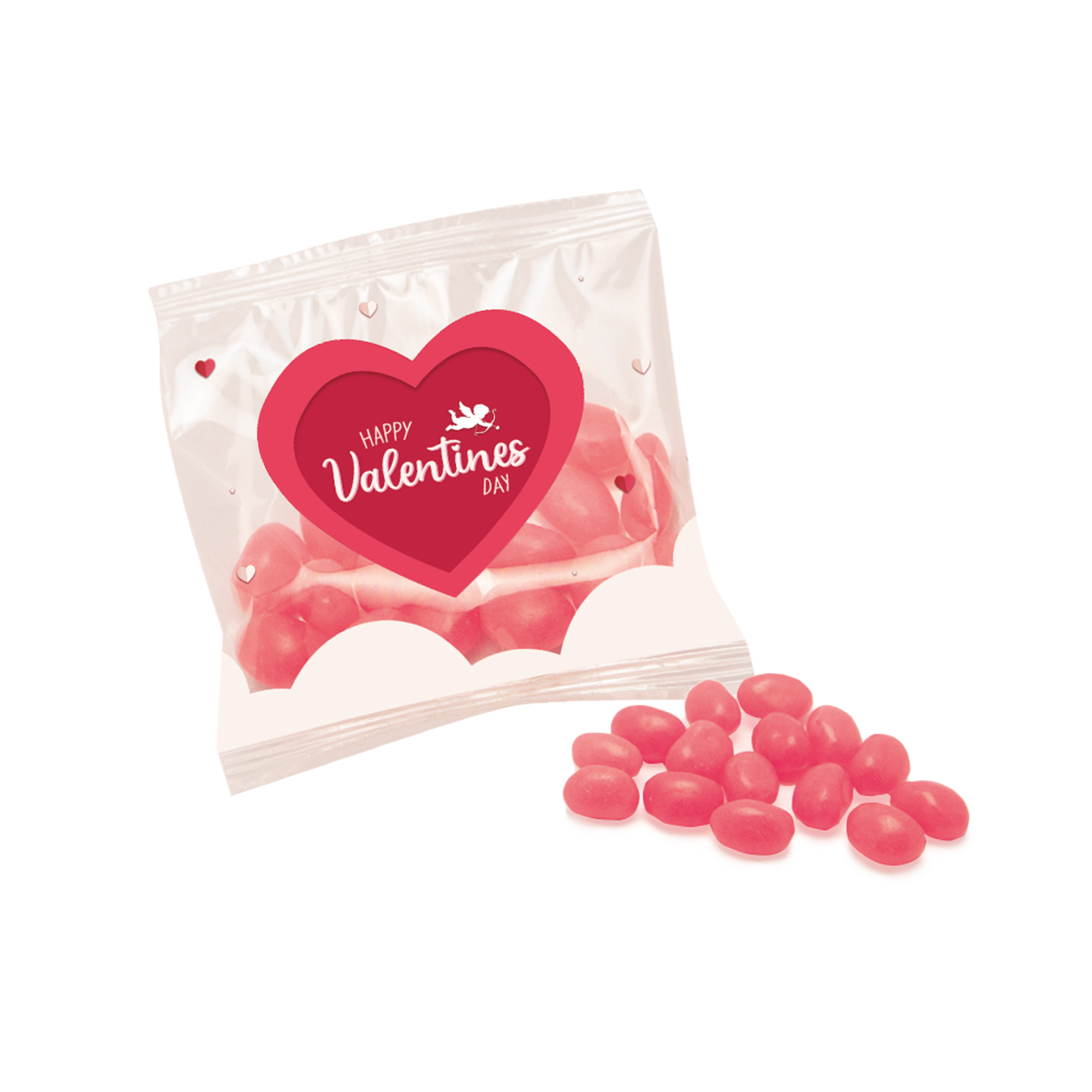 Flow wrapped bag of strawberry jelly beans with a heart design and visible jelly beans, branded with your logo