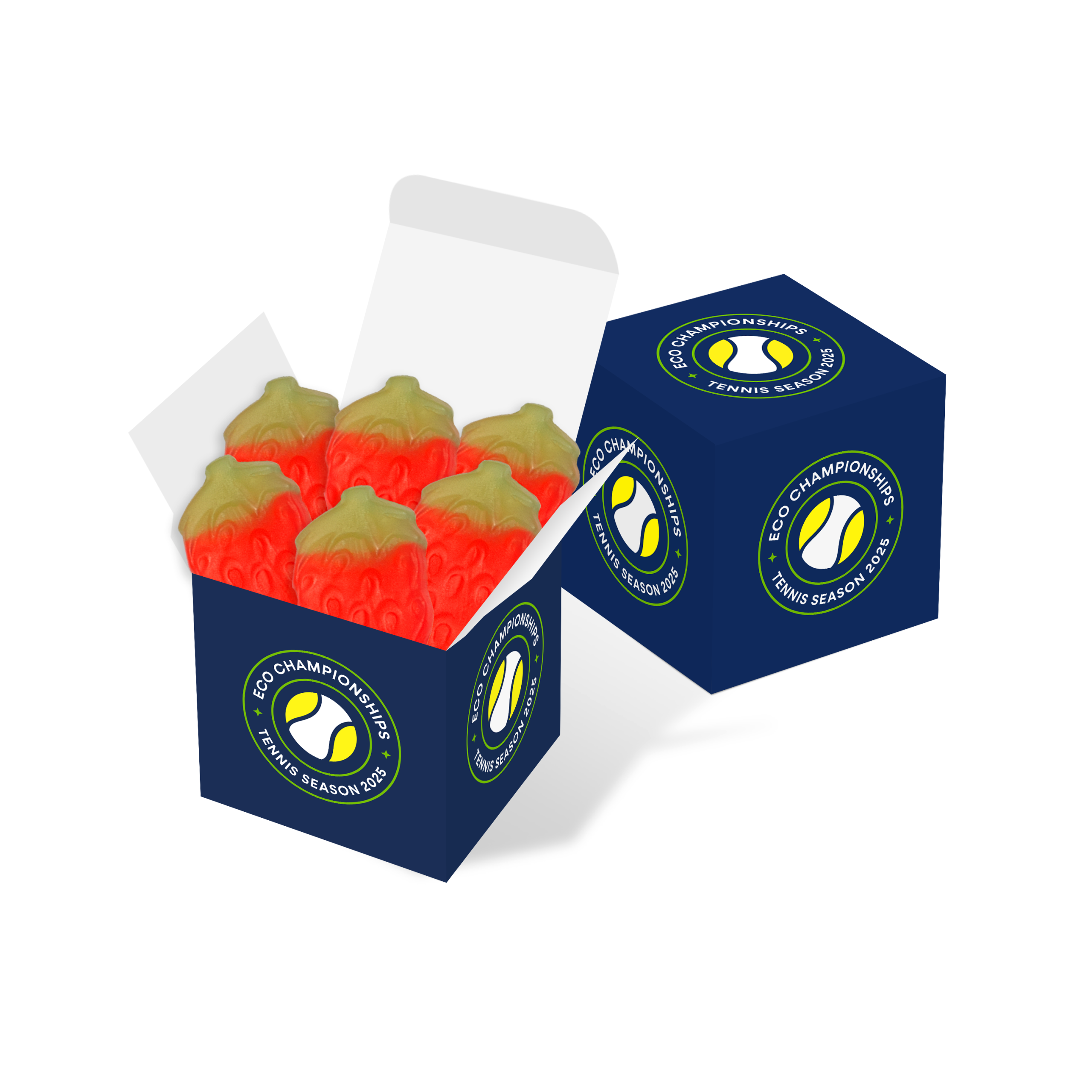 Eco Maxi Cube filled with giant strawberries, blue and green design, made from food safe card, branded with your logo