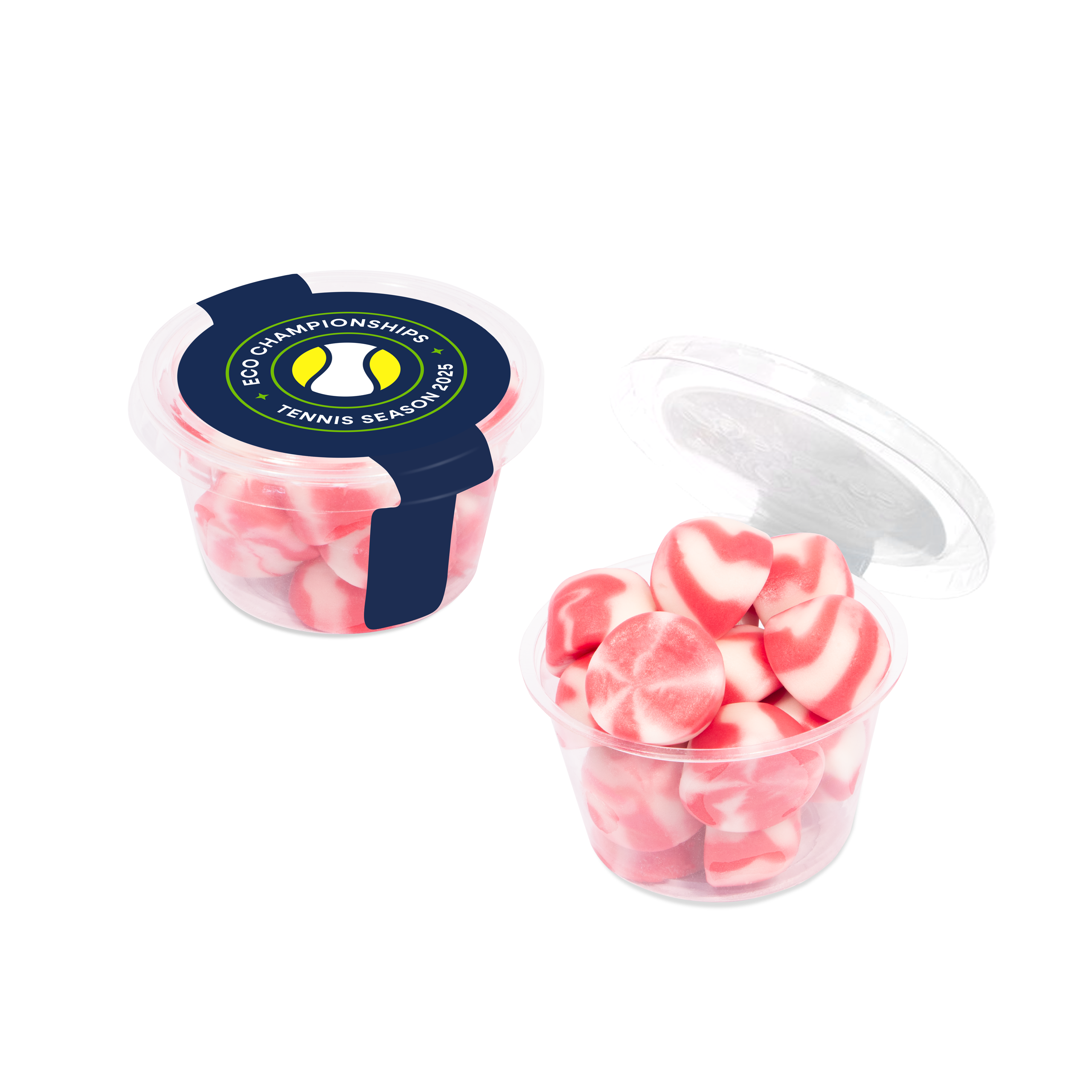 Eco maxi pot with strawberry twists, clear material, full colour wrap, branded with your logo