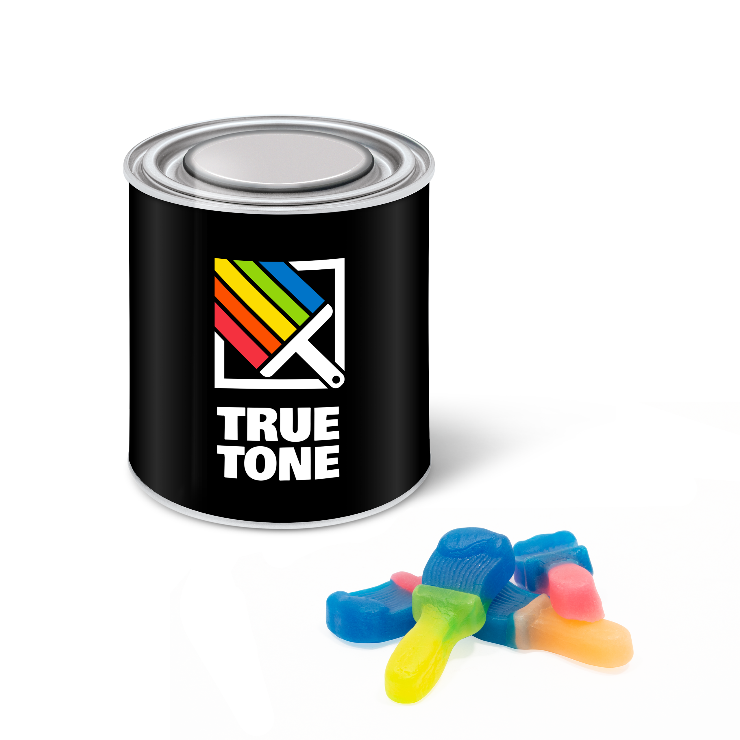 Large black paint tin with colourful sweets shaped like paint brushes, branded with your logo
