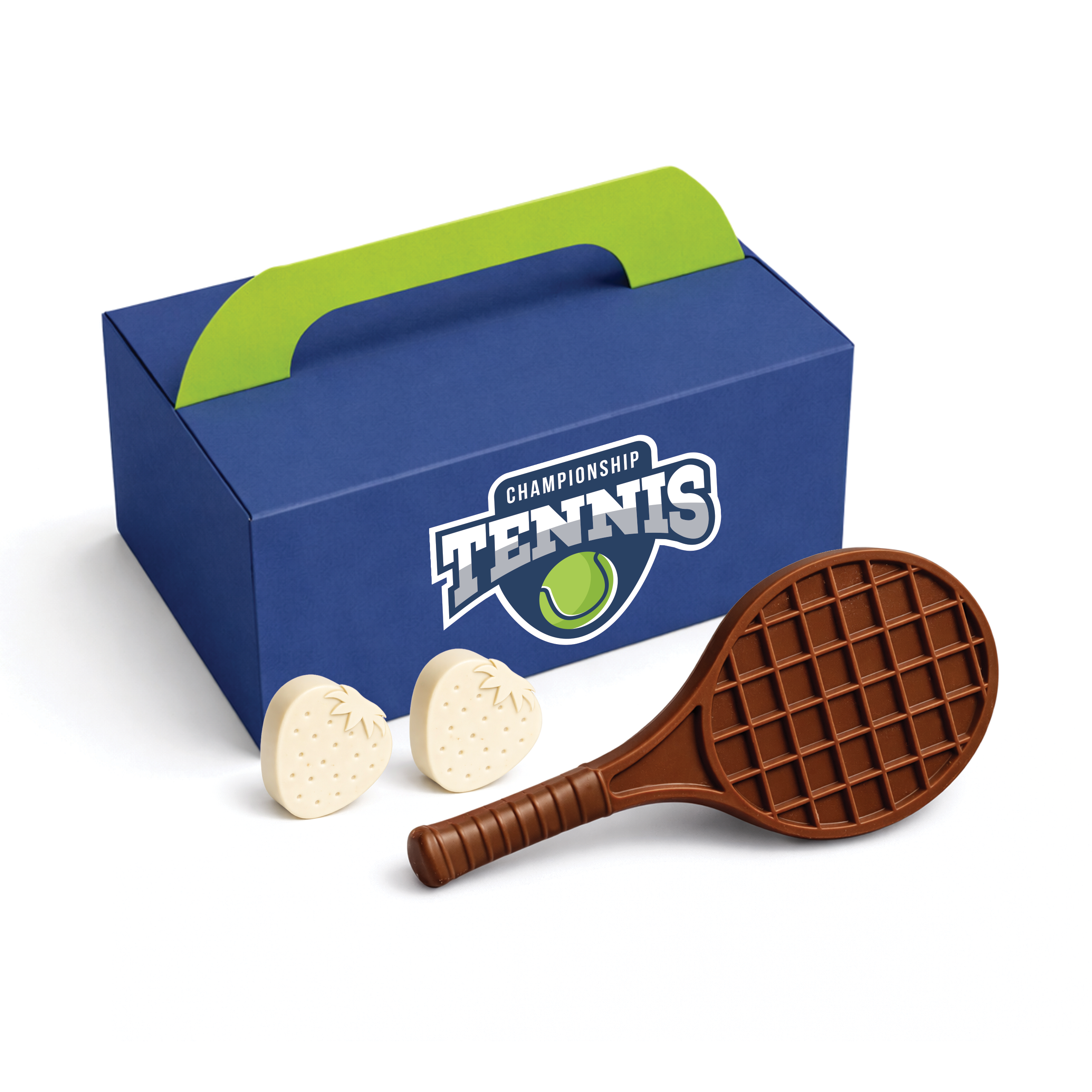 Tennis-themed chocolate set with a blue box, green handle, chocolate racket, and two strawberry chocolates, branded with your logo