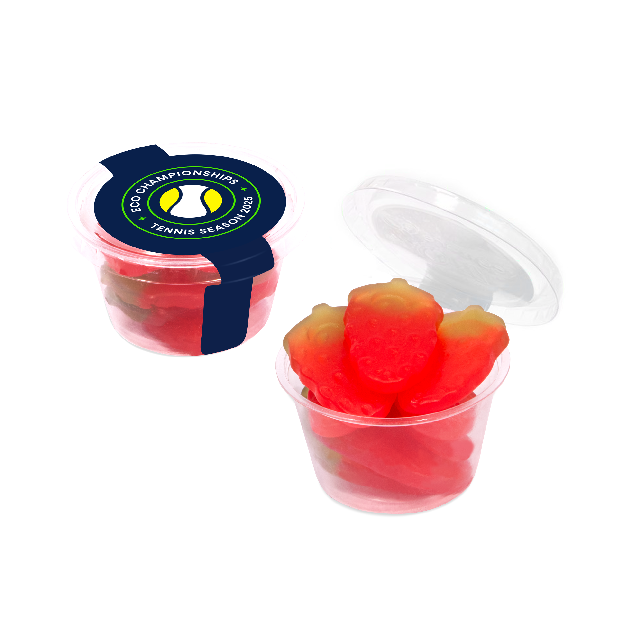Eco Maxi Pot containing gummy strawberries, clear plastic with twist-off lid, branded with your logo