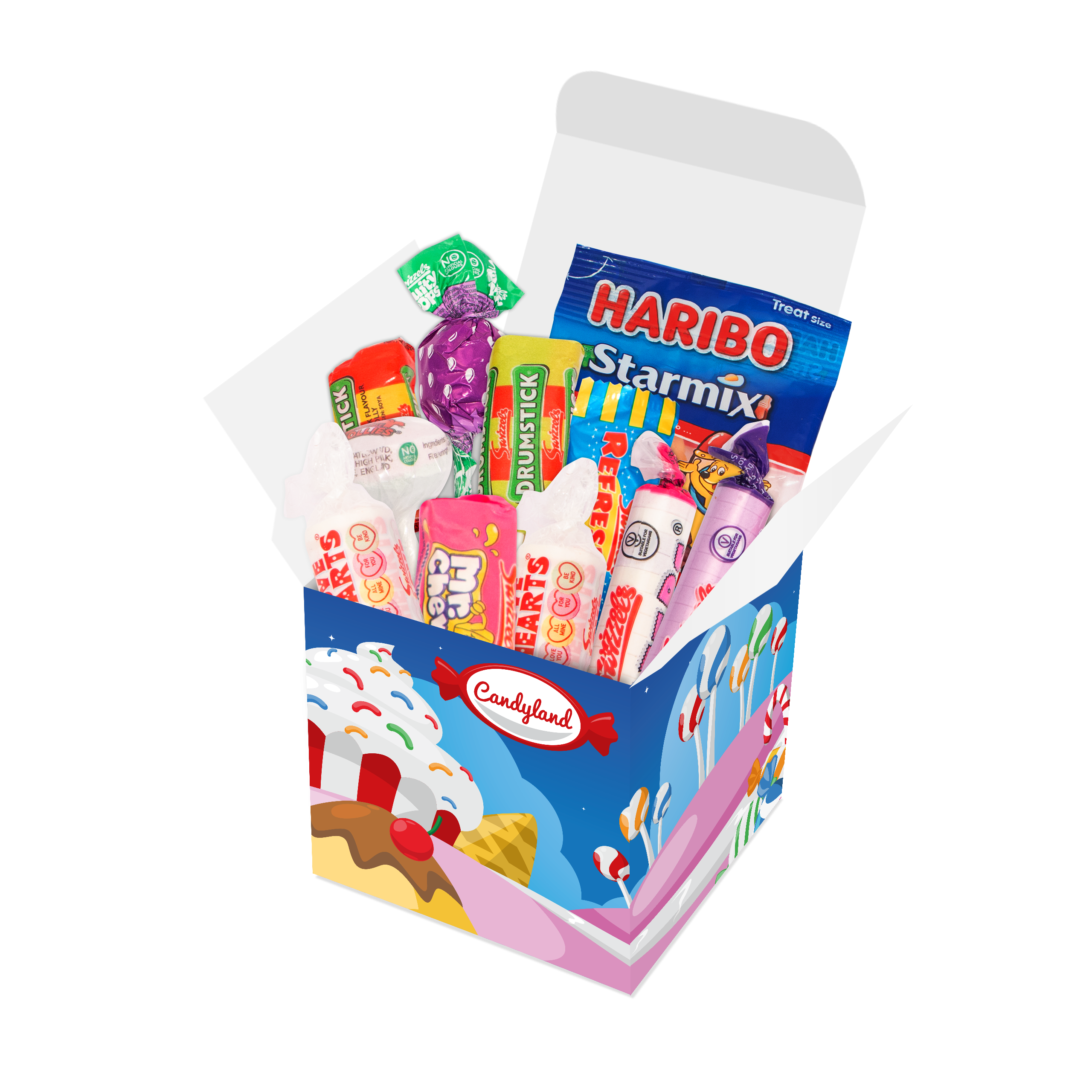 Eco Giant Cube filled with assorted sweets including Love Hearts and Drumsticks, branded with your logo