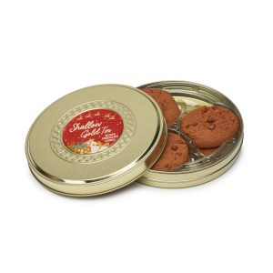 Winter Collection `25 - Shallow Gold Treat Tin - Belgian Chocolate Cookies - branded promotional product
