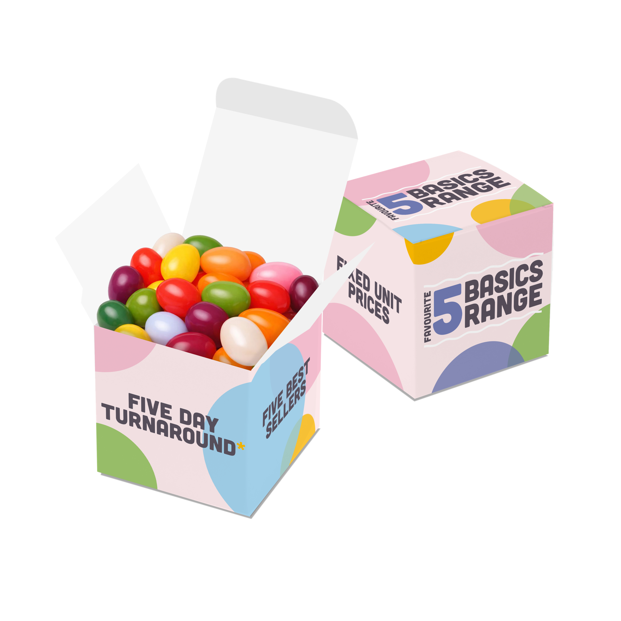 Eco Mini Cube box filled with jelly beans, white card, printed design, branded with your logo