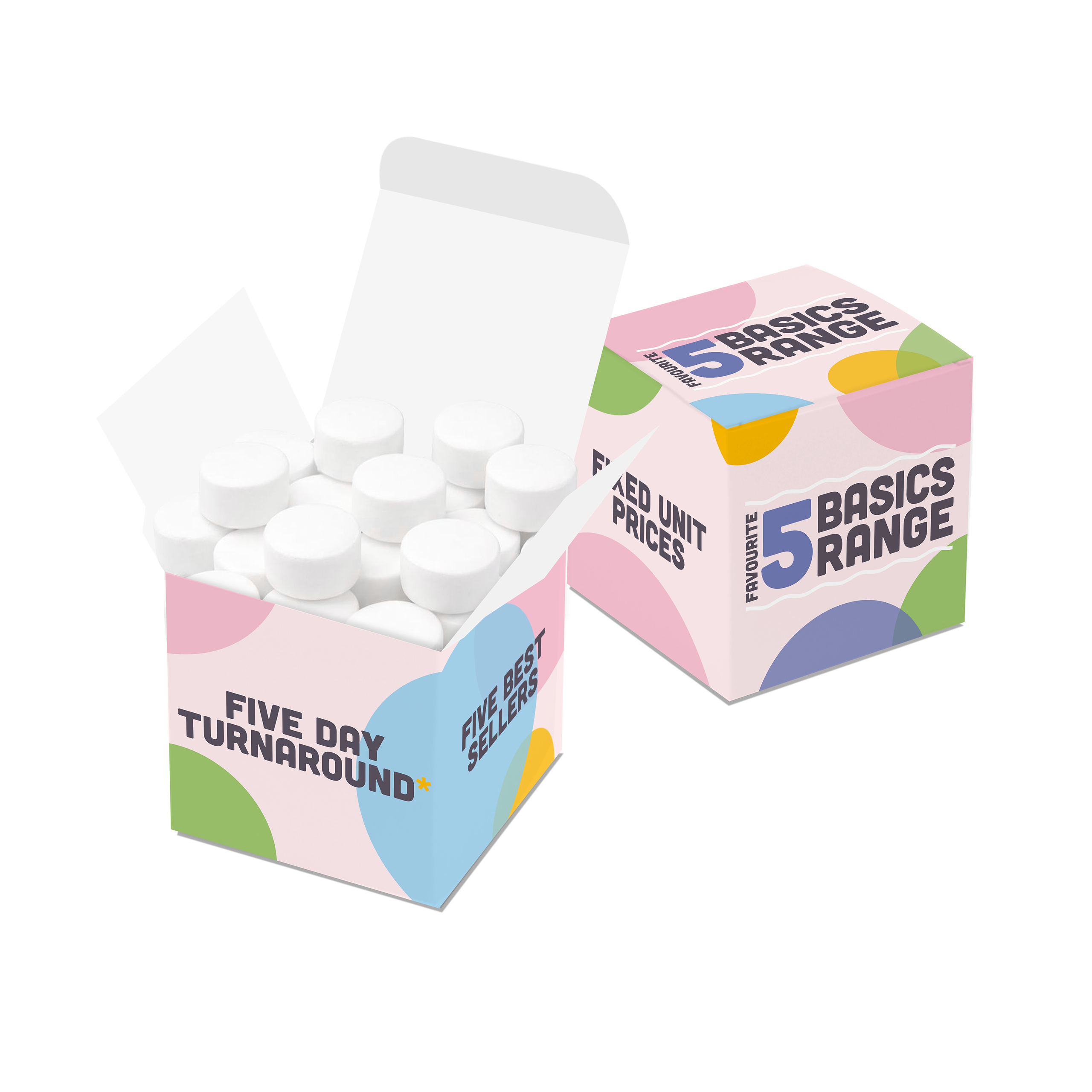 Eco Mini Cube with midi mints, colourful design, sustainably sourced material, branded with your logo