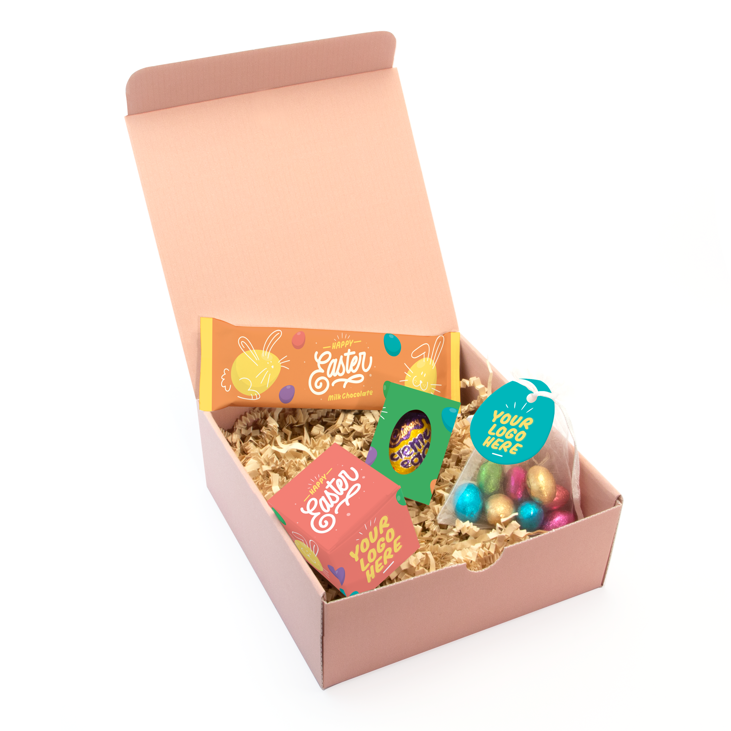 Easter gift box with chocolate items, pink exterior, colourful wrappers inside, branded with your logo