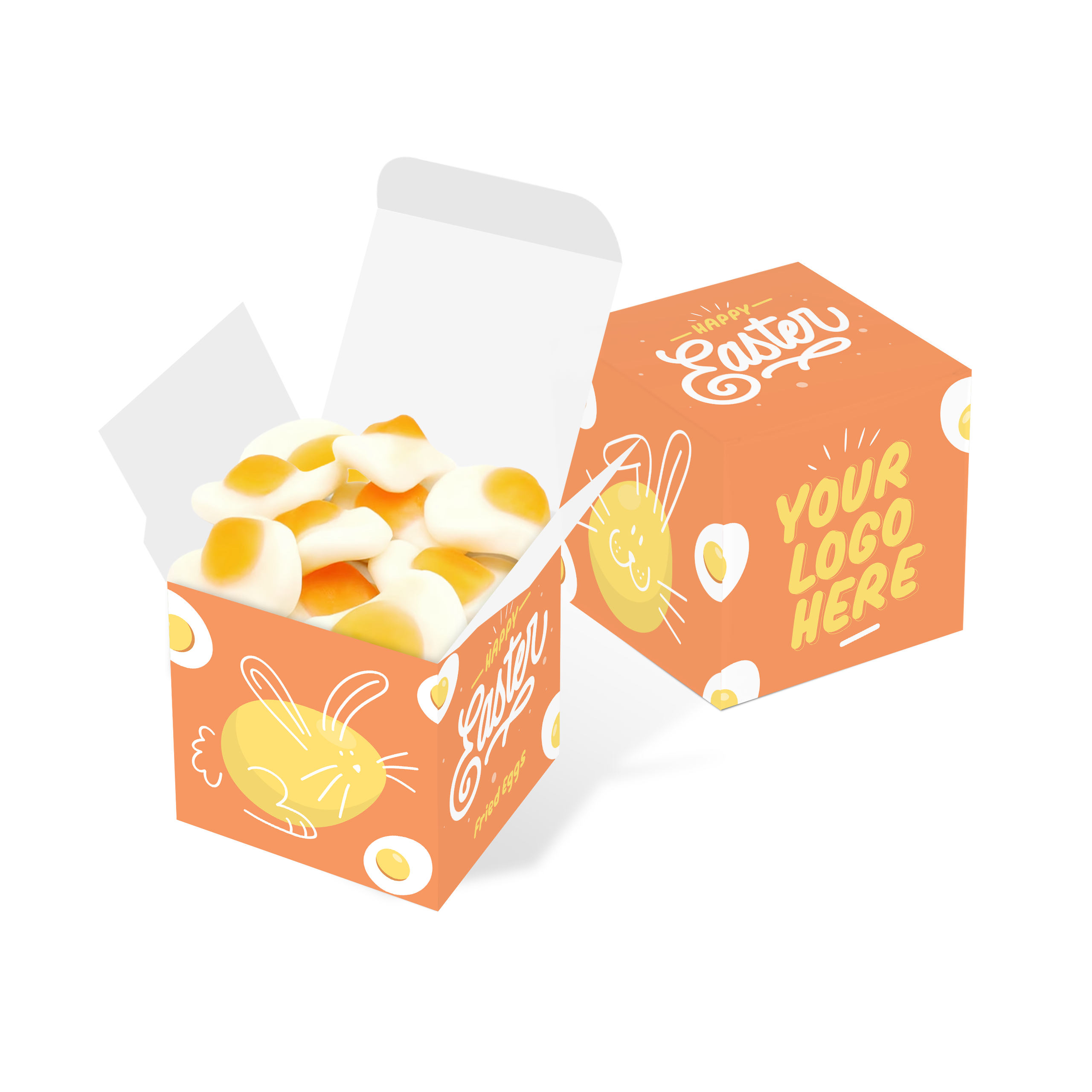 Cube-shaped box with gummy fried eggs, orange colour, cardboard material, visible text, branded with your logo