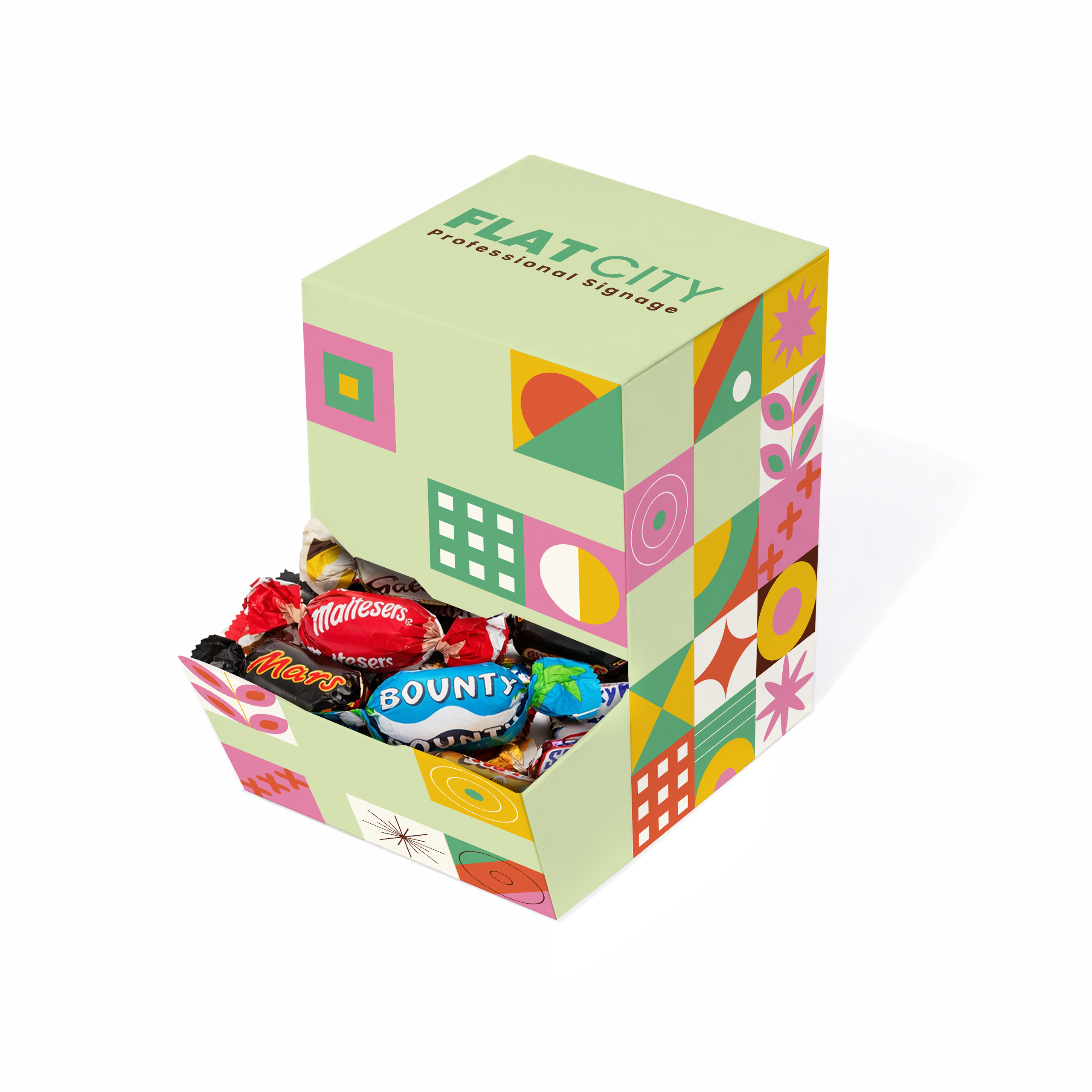Eco Dispenser Box in green with assorted chocolates, compostable material, visible branding, branded with your logo