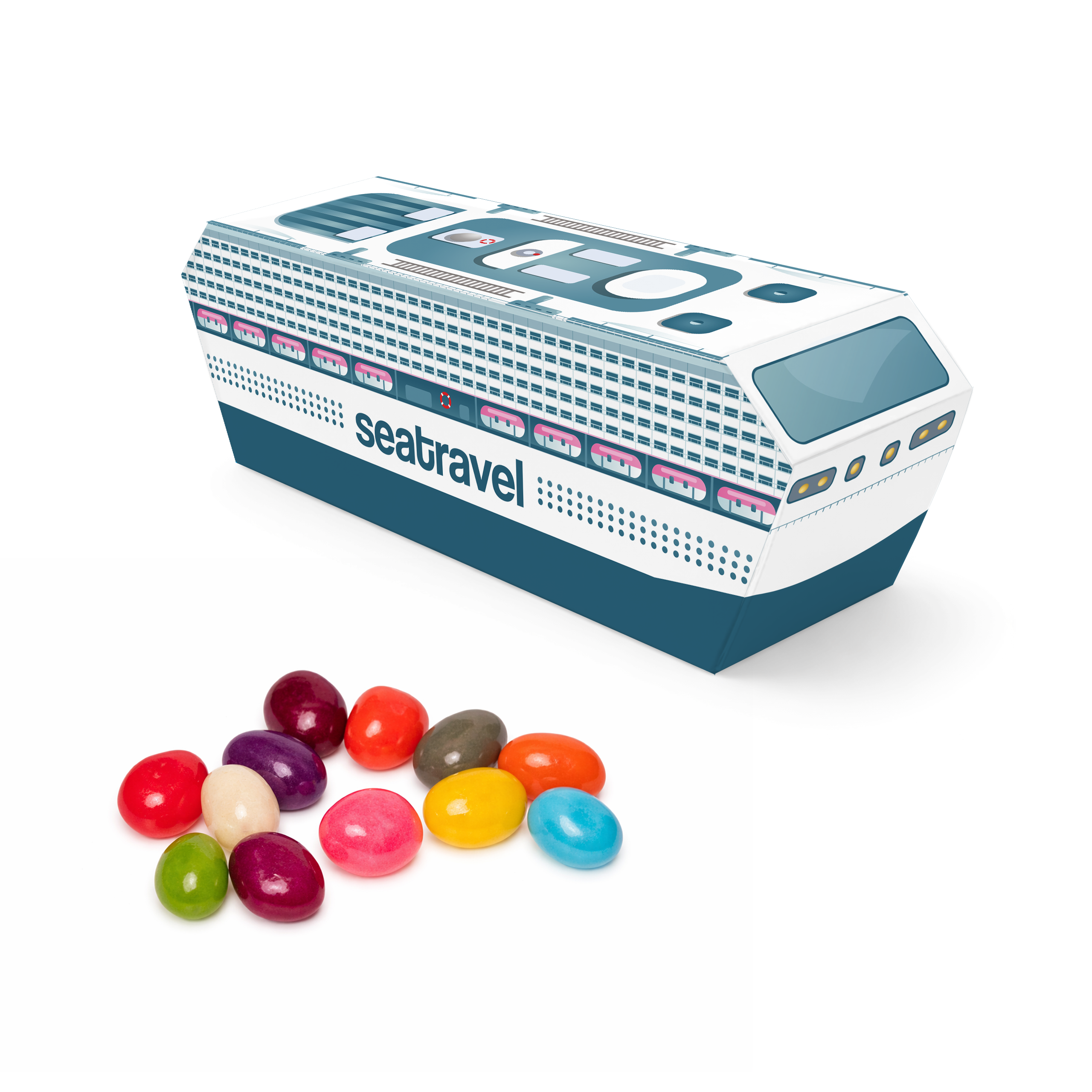 Eco Ferry Box in blue and white, made from recycled materials with a folding lid, branded with your logo