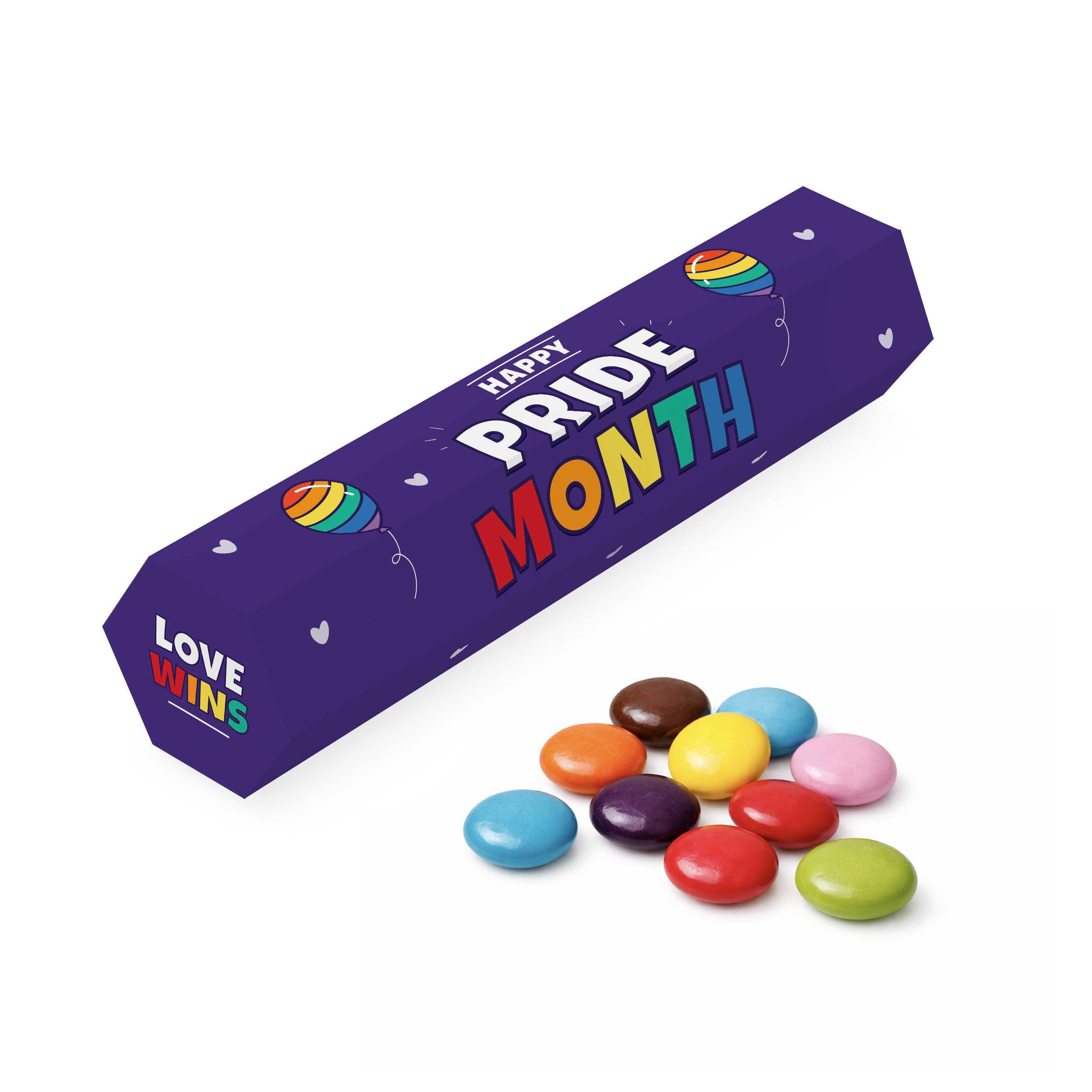 Hexagonal cardboard tube filled with colourful chocolates, featuring a Pride Month design, branded with your logo