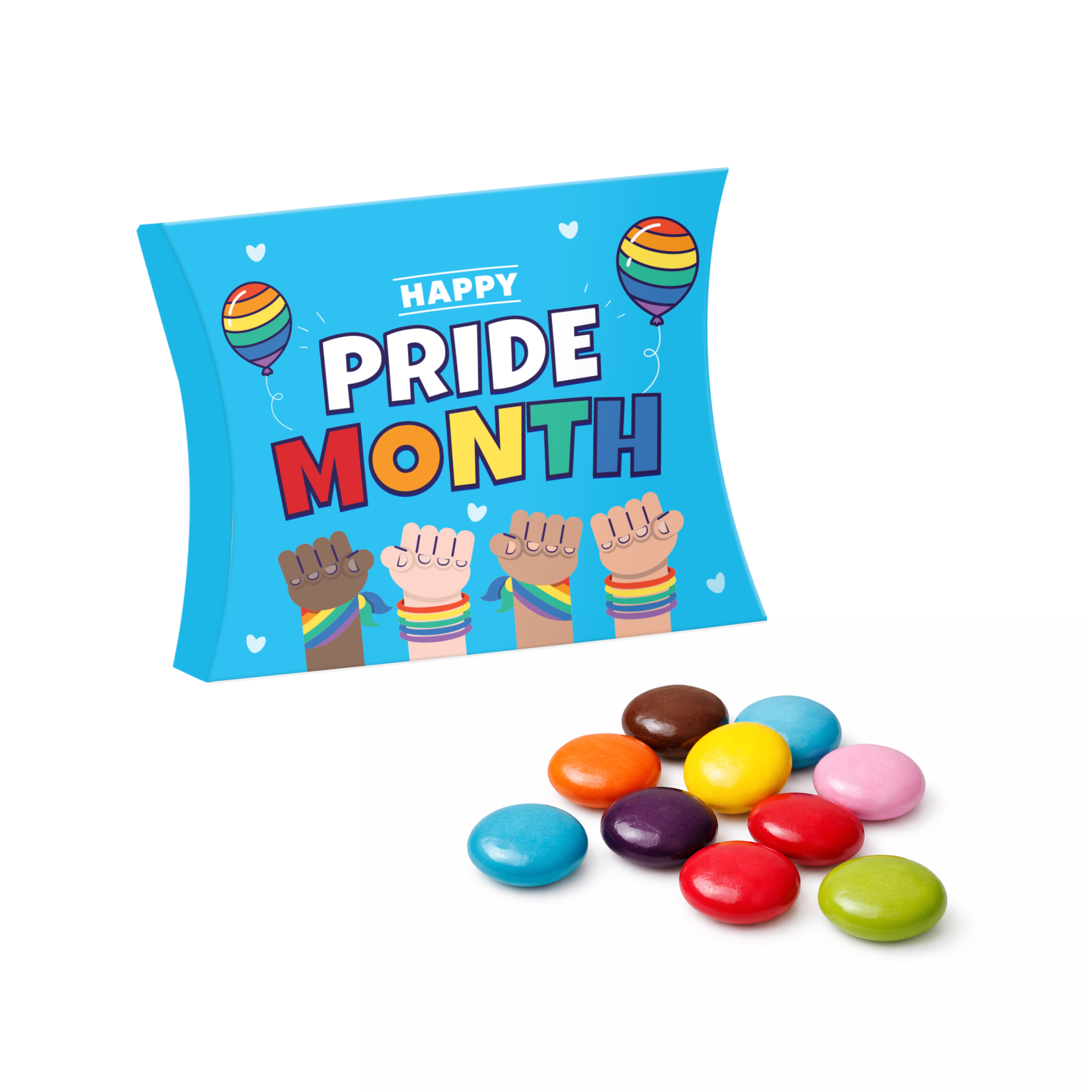 Curved cardboard pouch box, blue, with text for Pride Month and colourful beanies, branded with your logo
