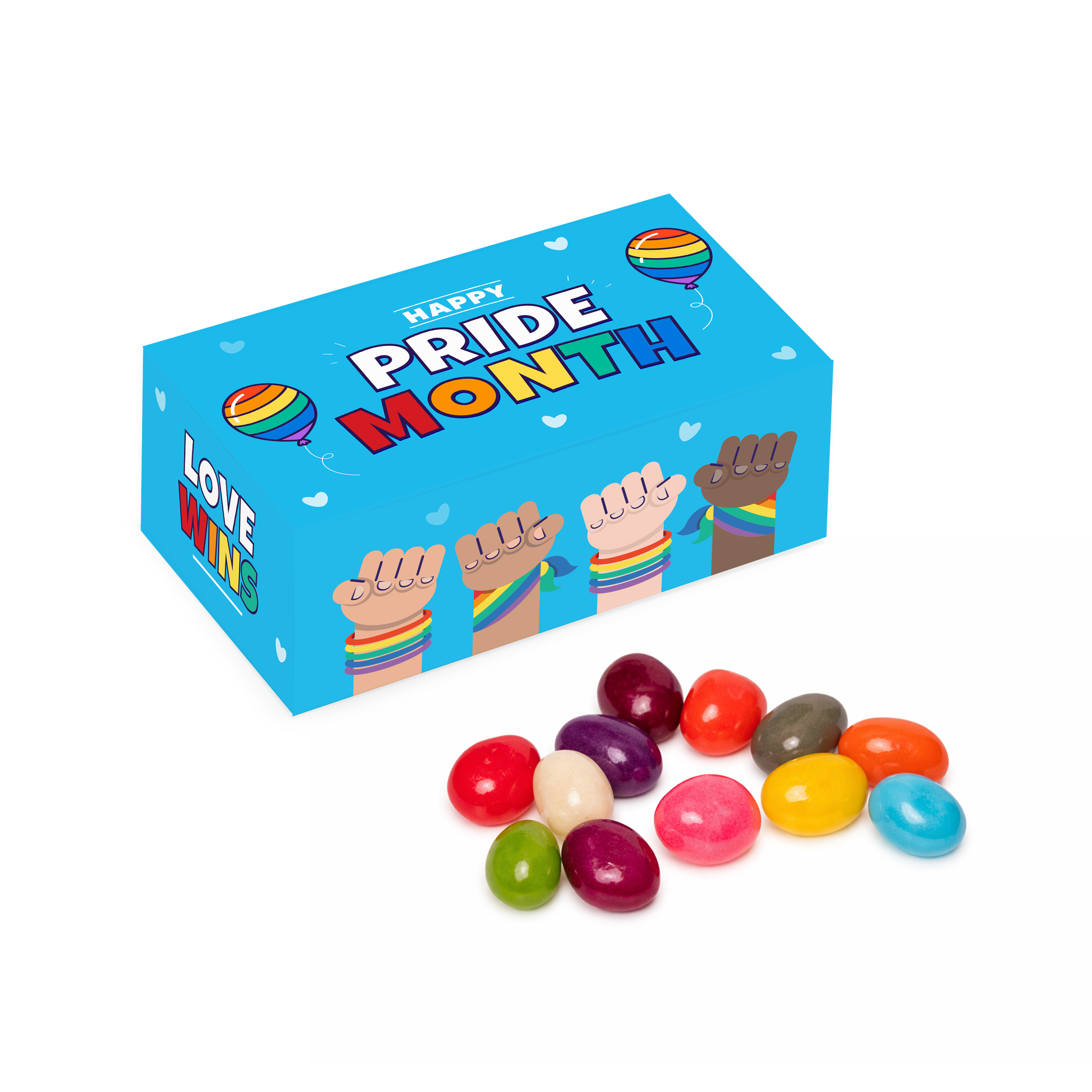 Eco Midi Box with jelly beans, blue exterior, celebrating Pride Month, branded with your logo