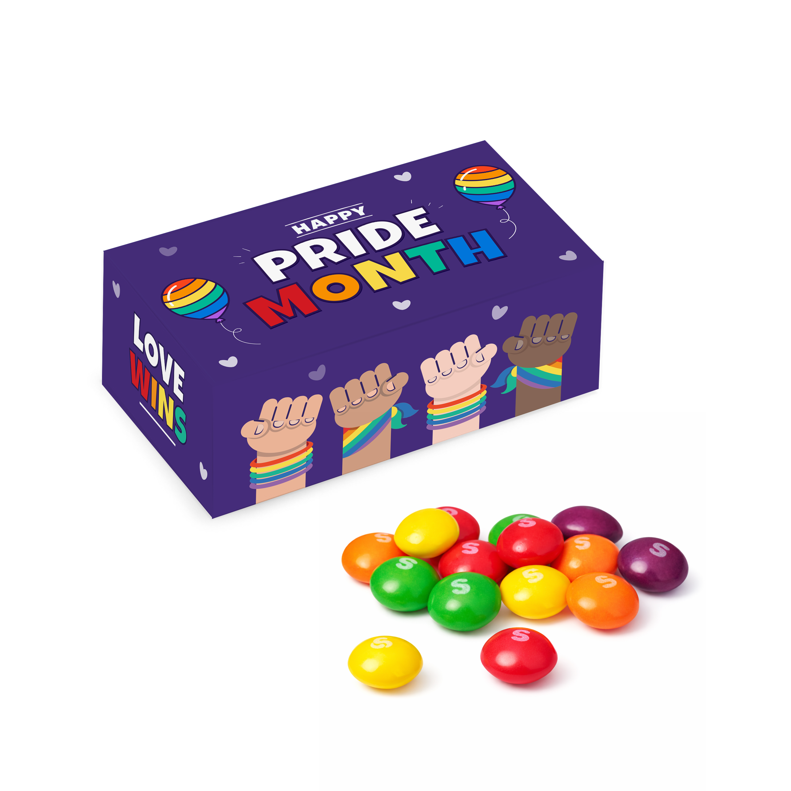 Eco Midi Box with Skittles, purple box with colourful Pride-themed design, branded with your logo