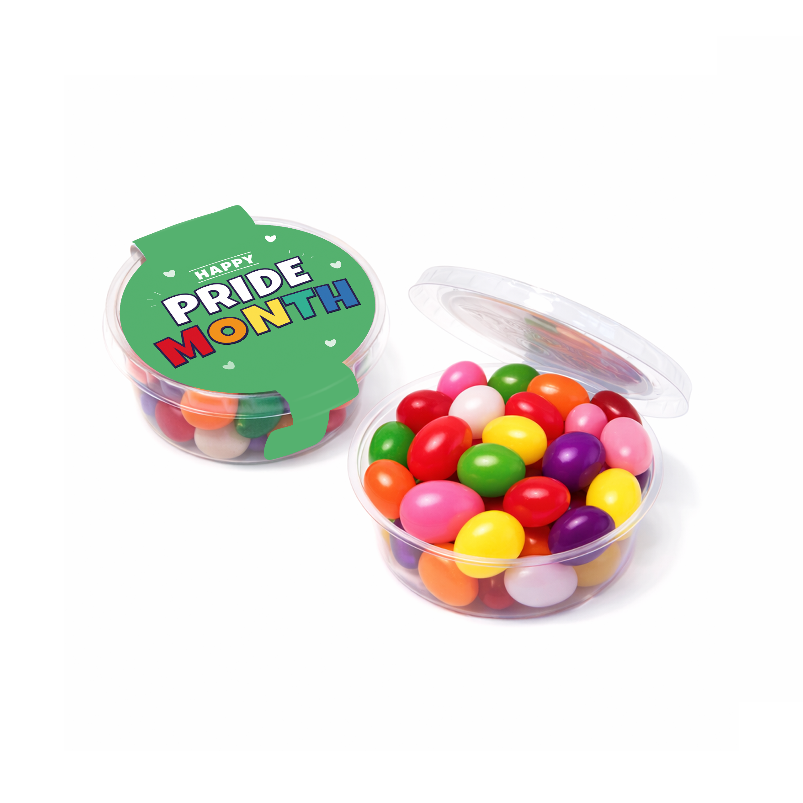 Eco-friendly midi pot filled with jelly beans, featuring a green lid with text, branded with your logo