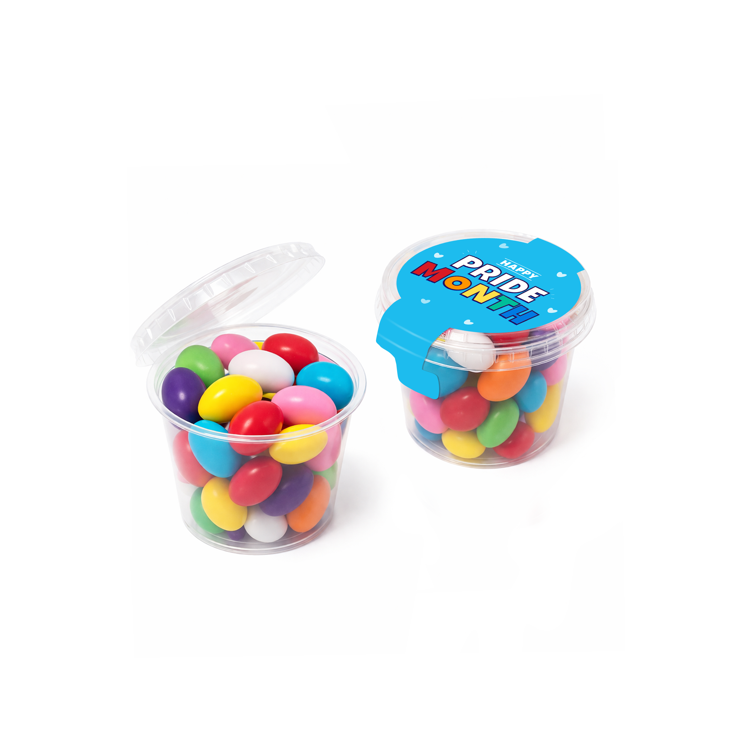 Eco mini pot, clear plastic, blue lid with text, filled with colourful beans, branded with your logo
