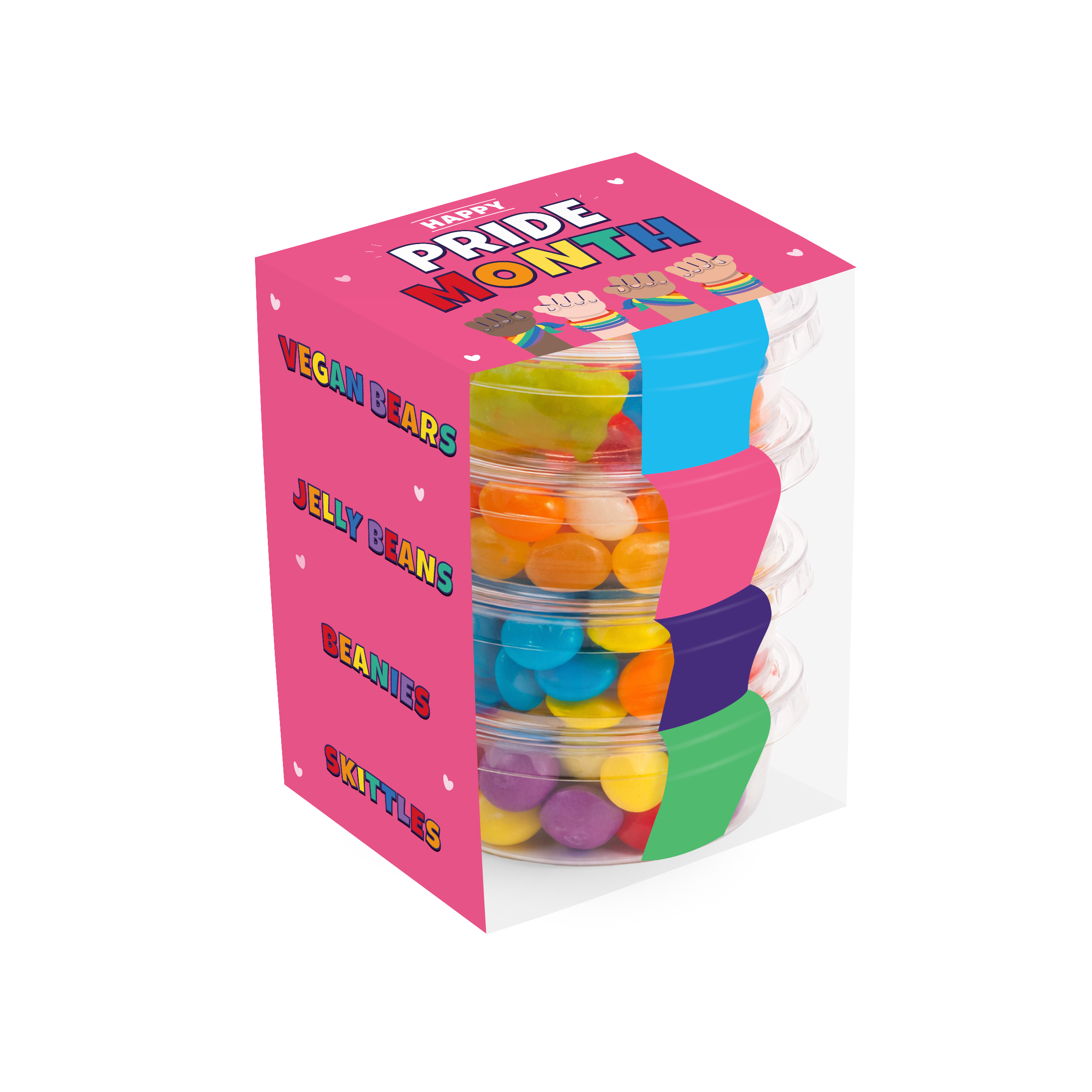 Stack of eco pots filled with sweets, featuring colourful card wrap and semi-gloss branding, branded with your logo
