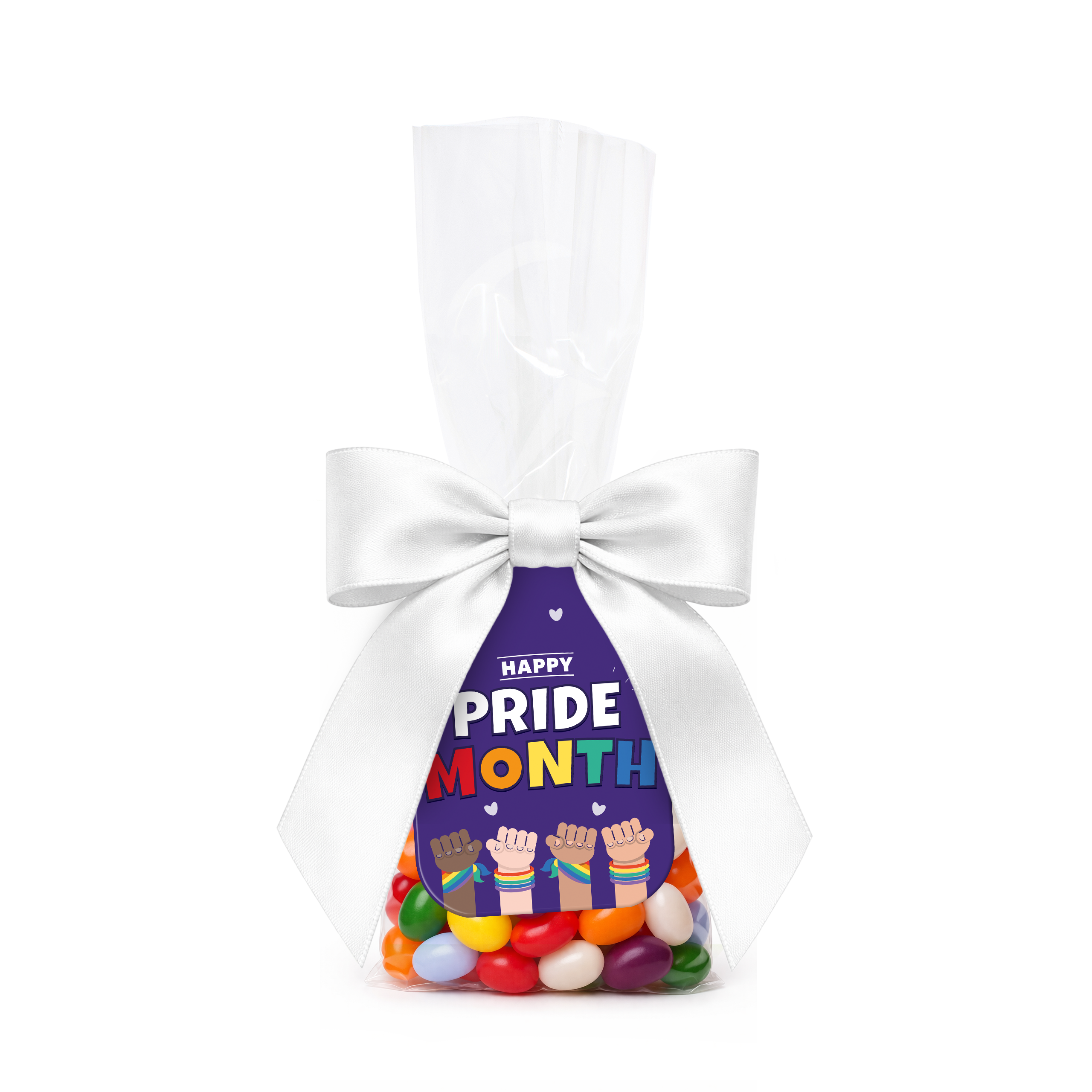 Swing Tag Bag with jelly beans, clear material, white ribbon, and a colourful Pride Month tag, branded with your logo