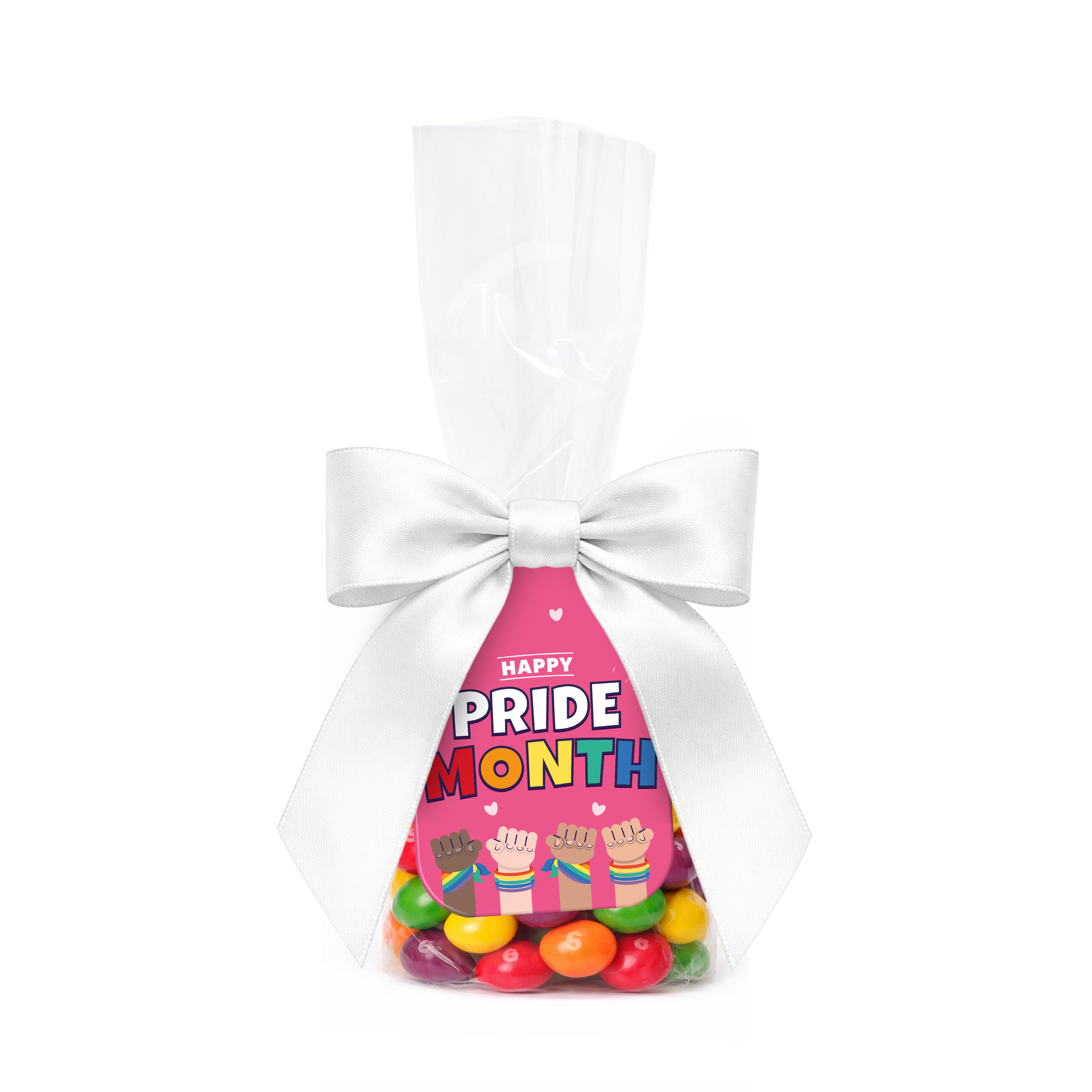 Swing tag bag filled with Skittles, white ribbon, and colourful tags, branded with your logo