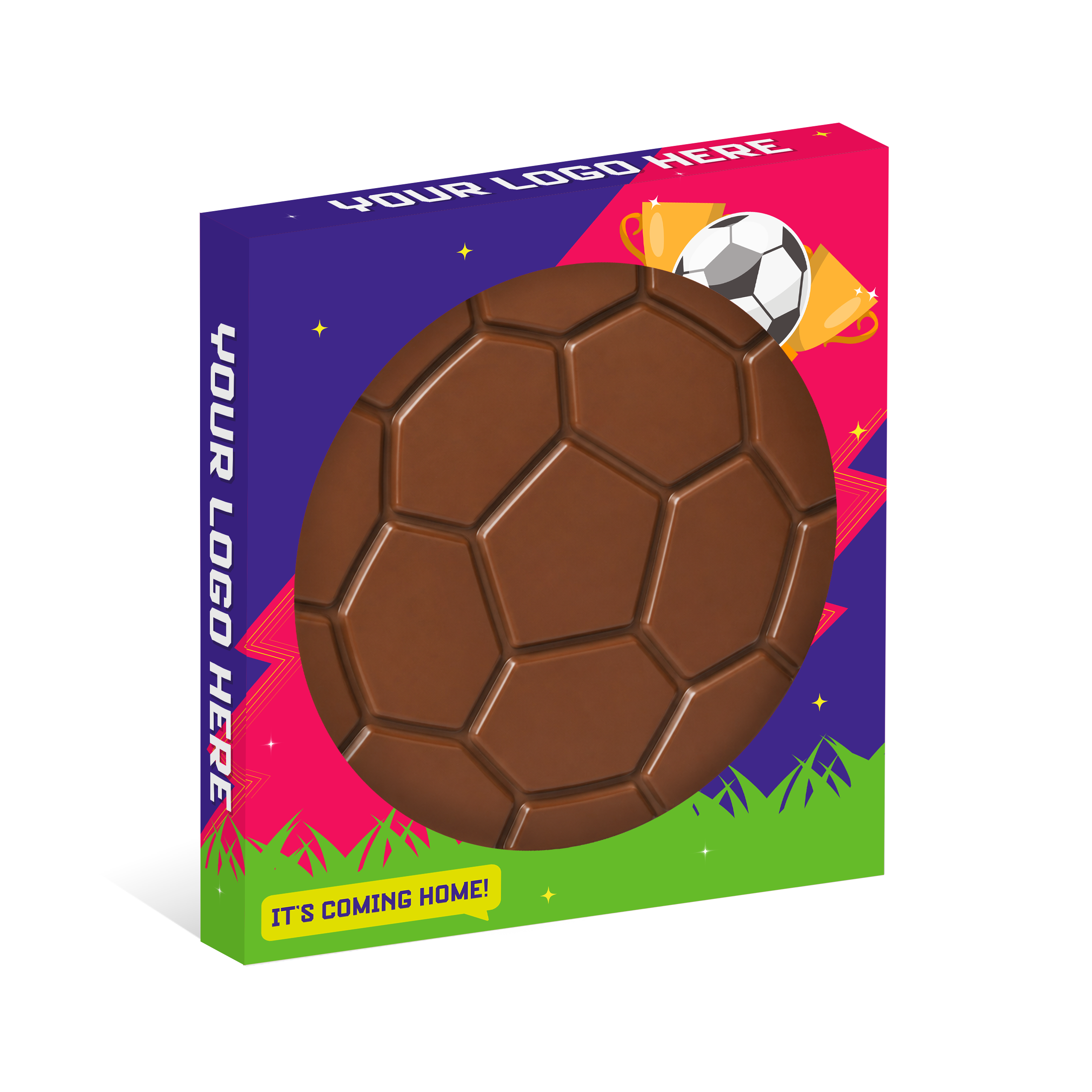 Eco-friendly window box with milk chocolate football disc, clear film wrap, and branded text, branded with your logo