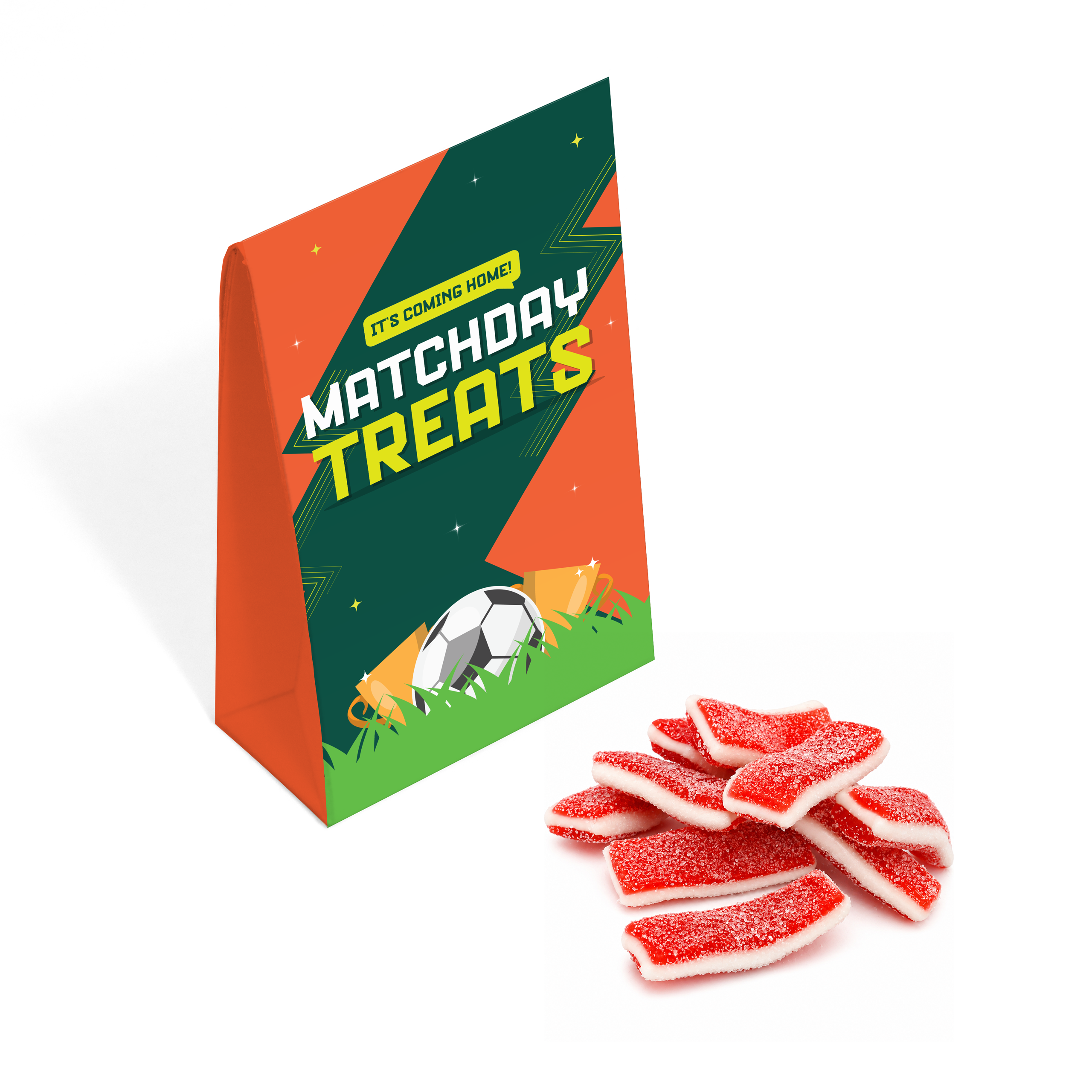 Eco carton packaging for strawberry sandwiches, orange and green with football theme, branded with your logo