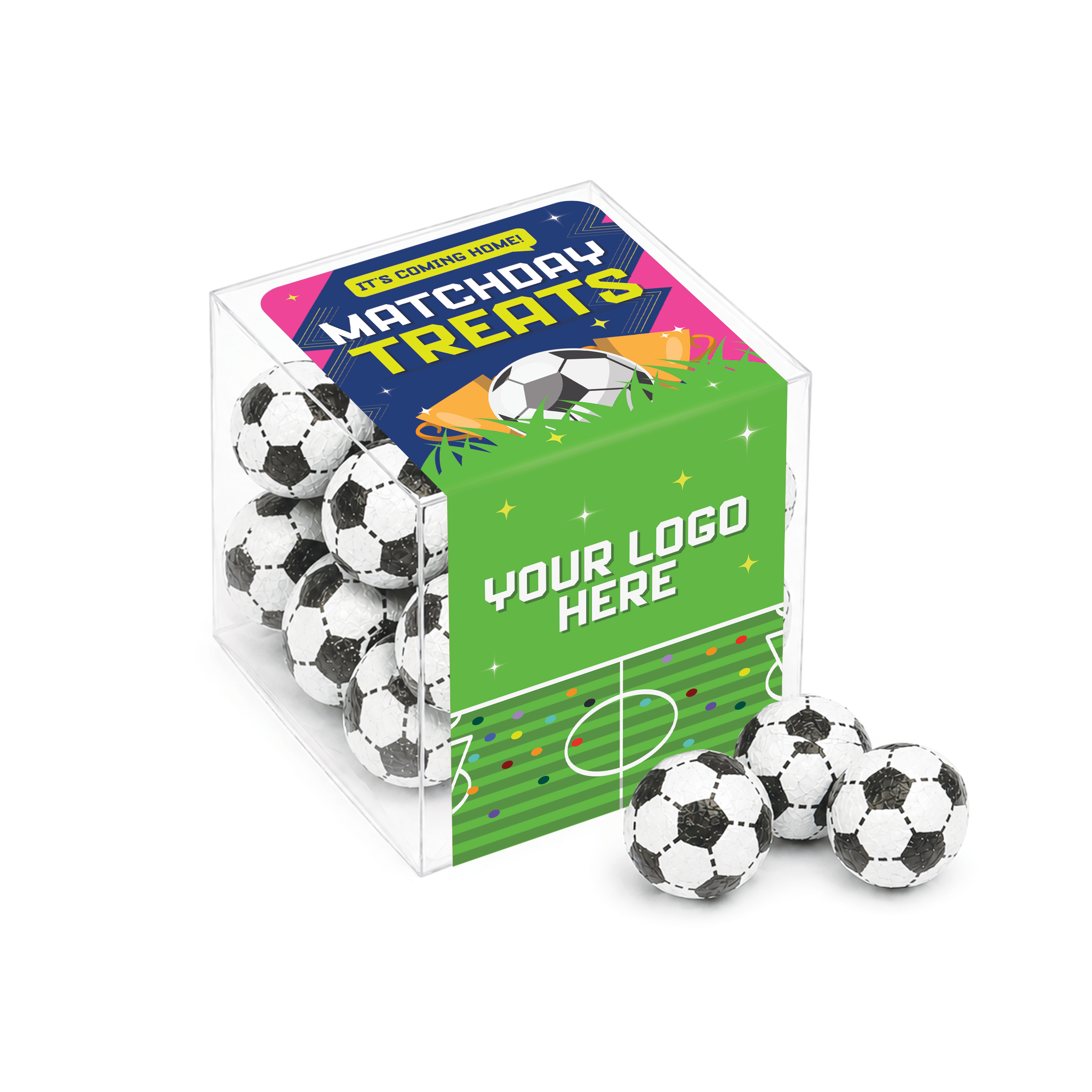 Clear cube filled with chocolate footballs, featuring a semi-gloss label with football design, branded with your logo