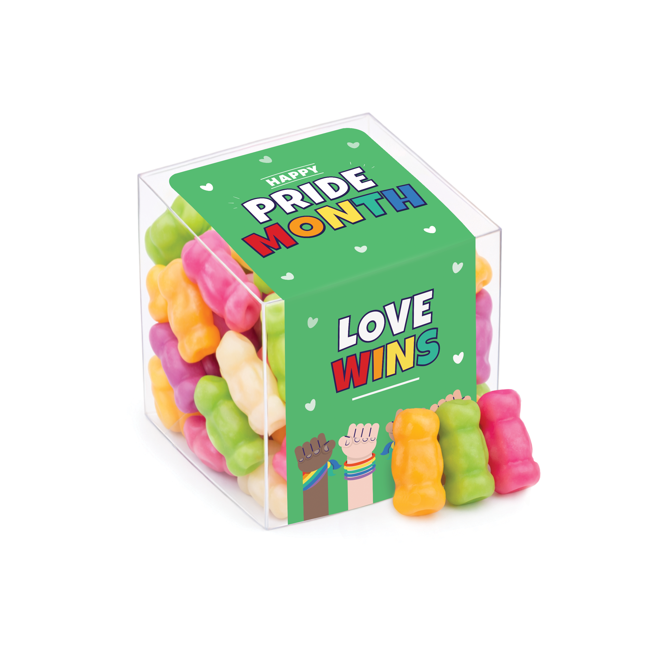 Clear cube filled with colourful jelly babies, labelled for Pride Month, branded with your logo