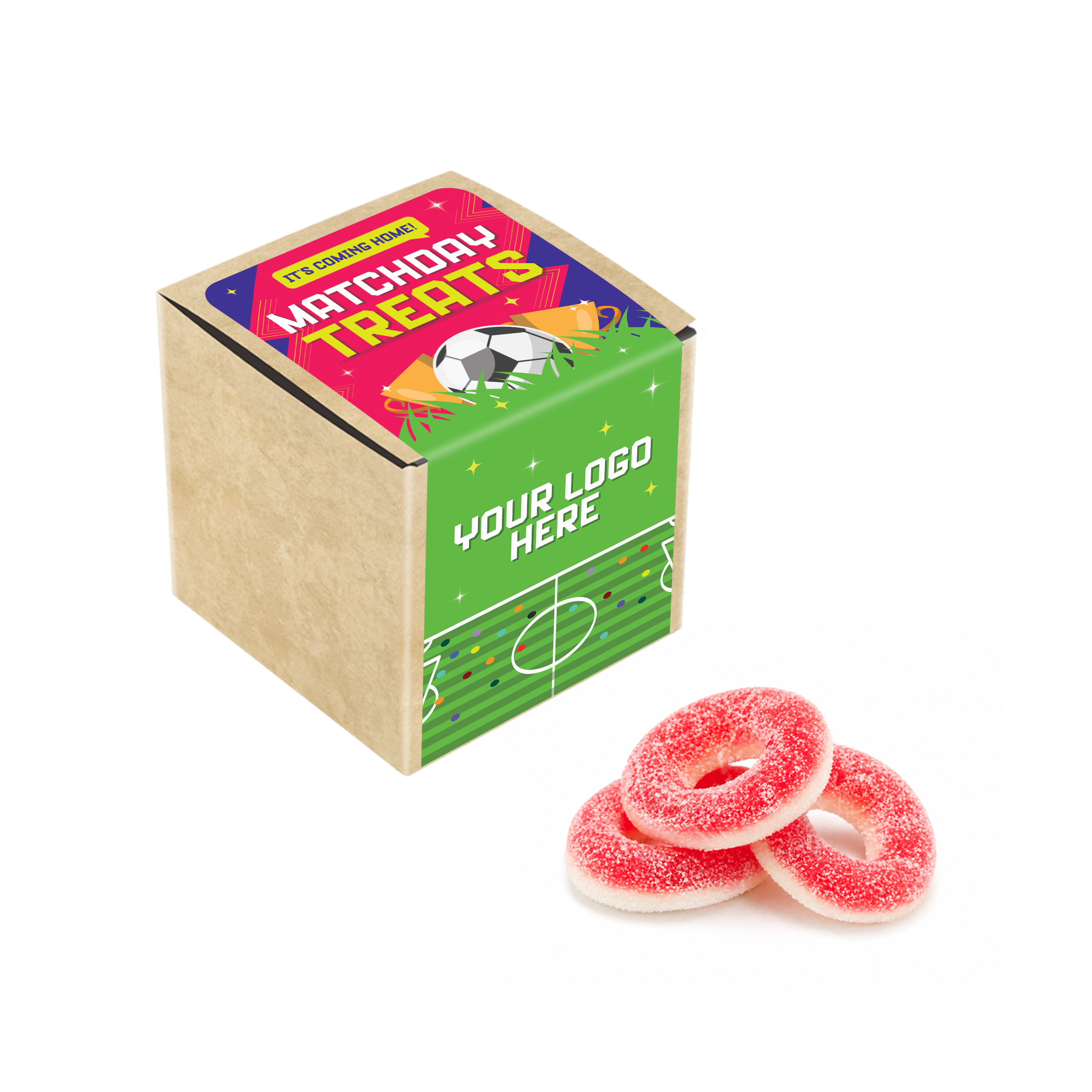 Eco Kraft Cube containing watermelon rings, with space for logo branding, branded with your logo