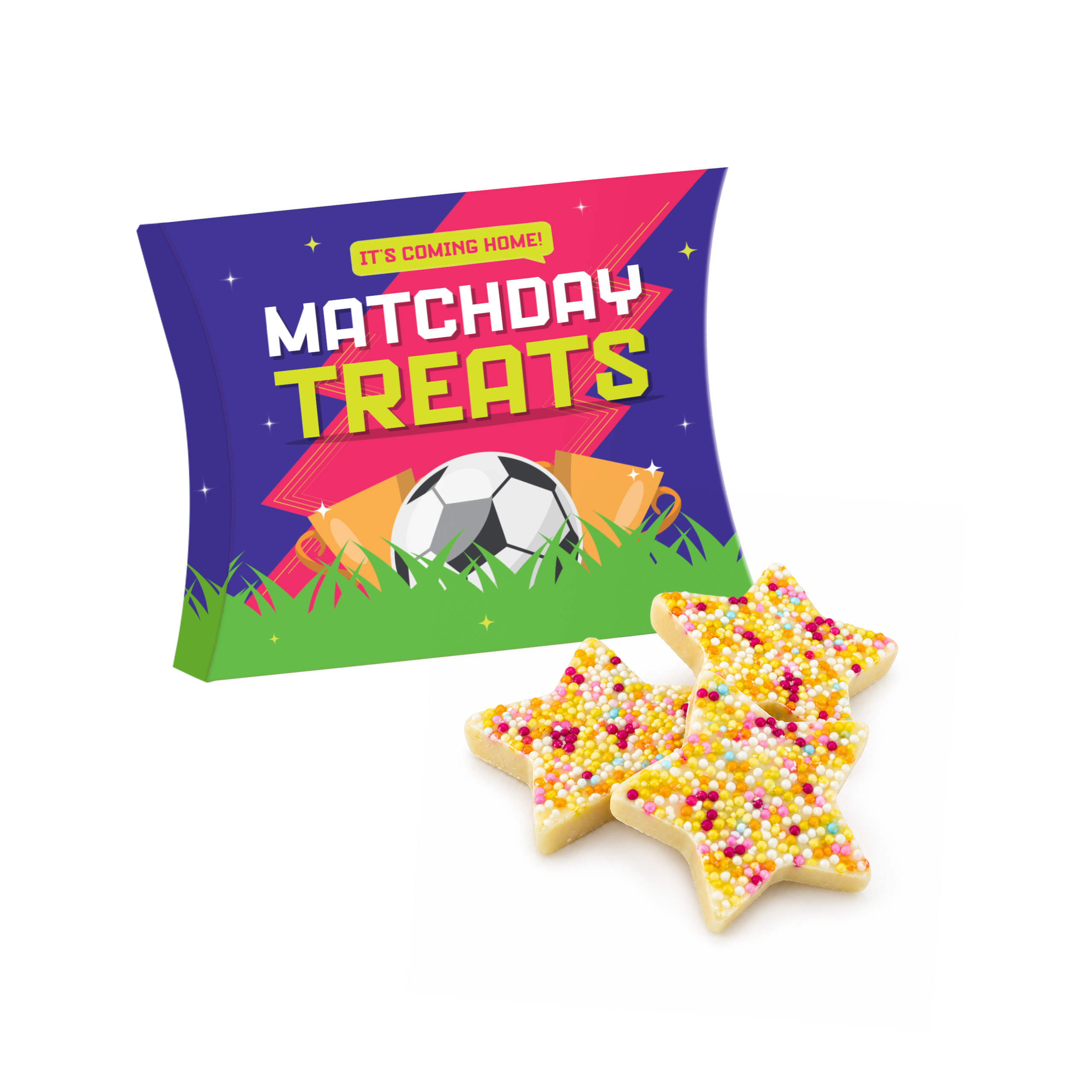 Eco large pouch box with white chocolate jazzie stars, colourful design, sustainable materials, branded with your logo