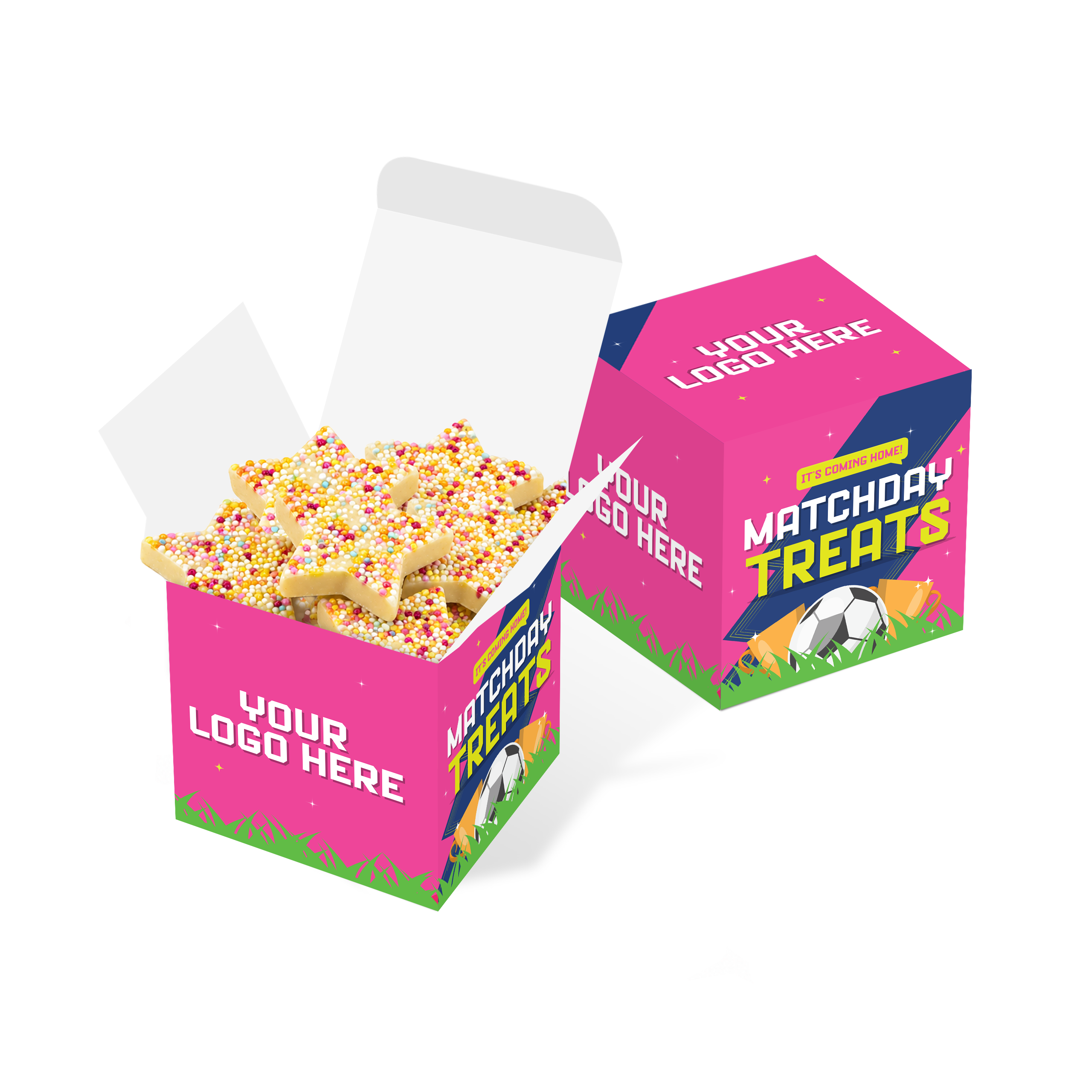Eco Maxi Cube packaging for White Choc Jazzie Stars, white card, custom branding area, branded with your logo