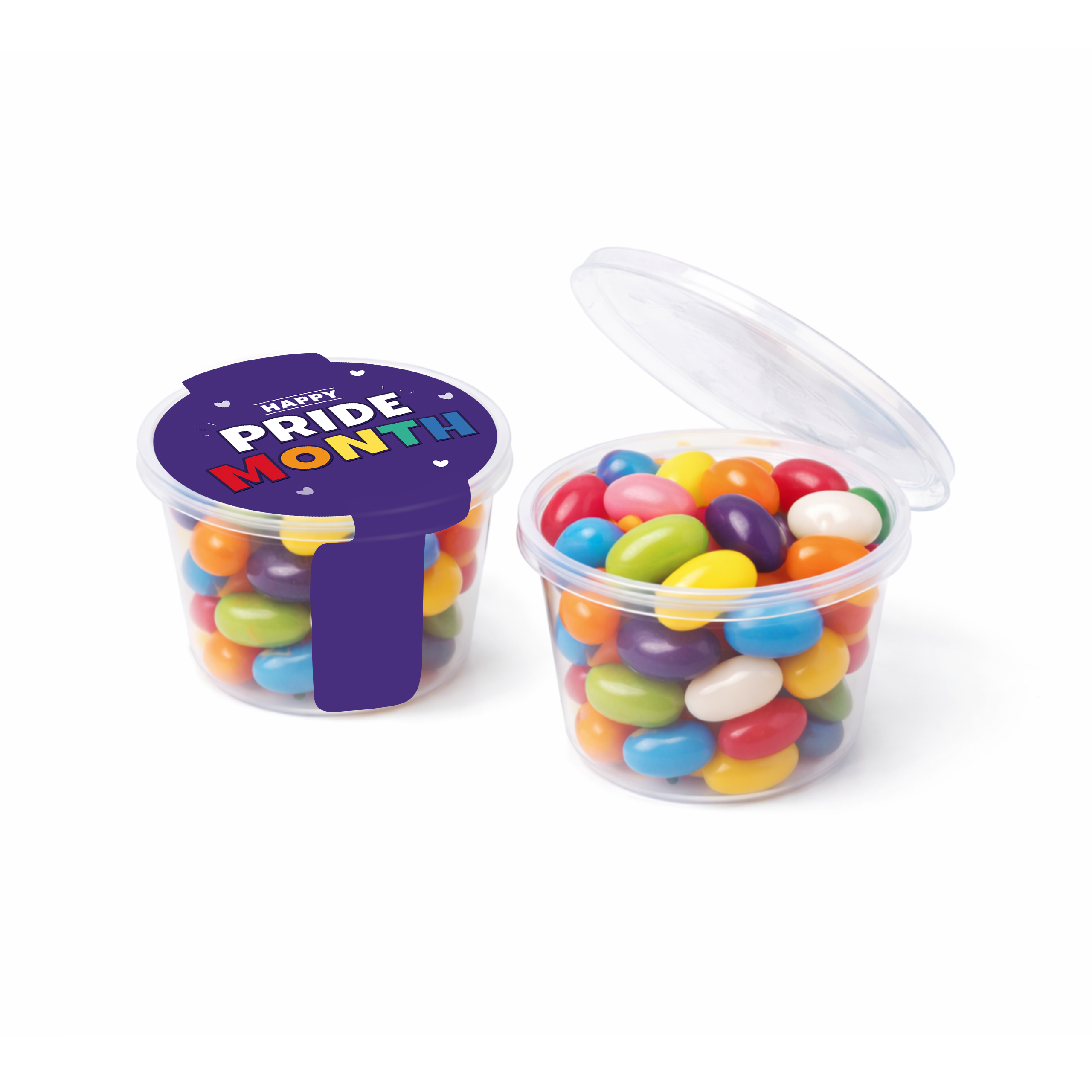 Eco pot filled with multicoloured jelly beans, featuring a lid with text, branded with your logo