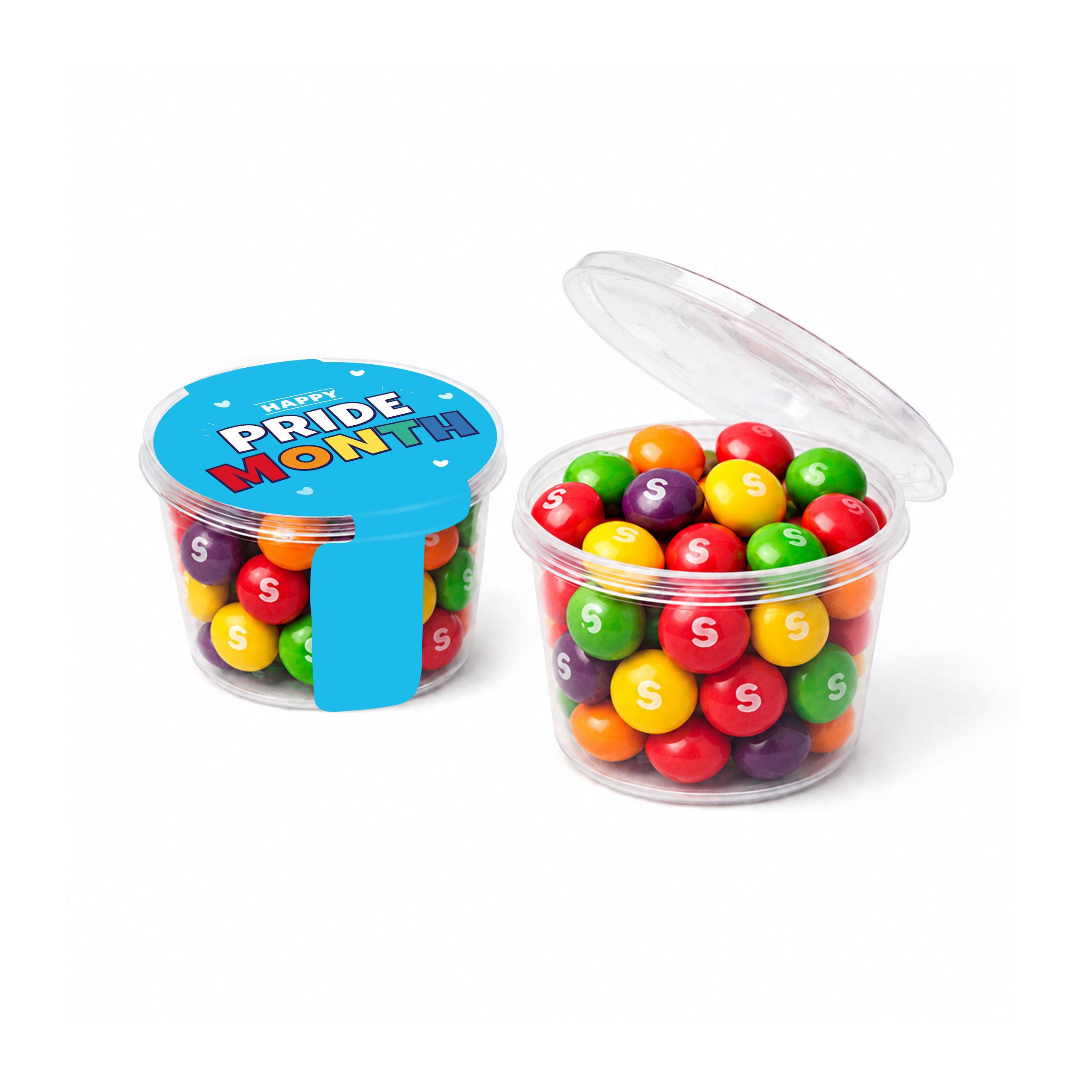 Eco pot with Skittles, transparent, filled with colourful candy, and a sticker on top, branded with your logo