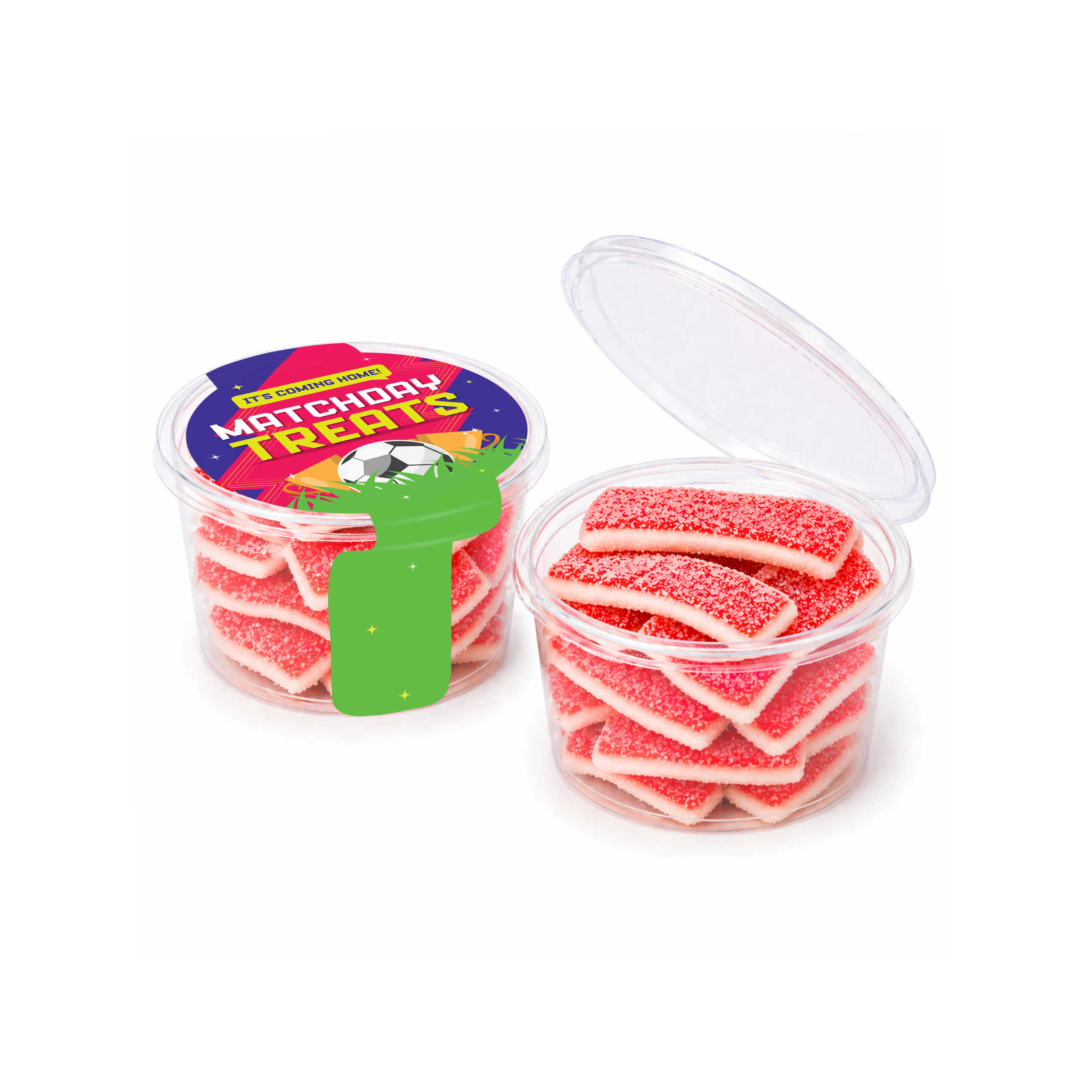 Eco Maxi Pot with strawberry sandwich sweets, clear pot, colourful label, branded with your logo