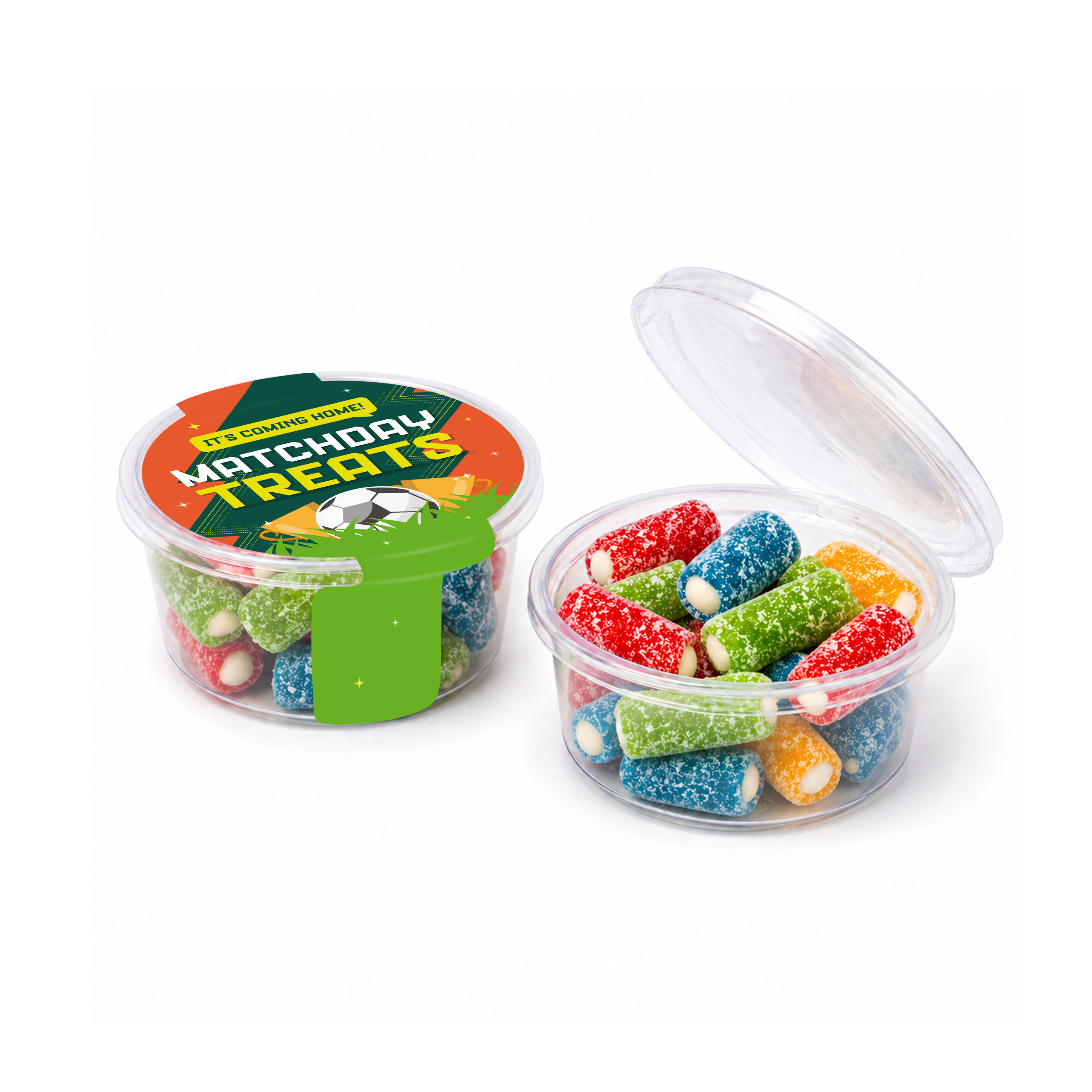 Eco Midi Pot filled with Fizzy Bites, clear plastic with a colourful label, branded with your logo