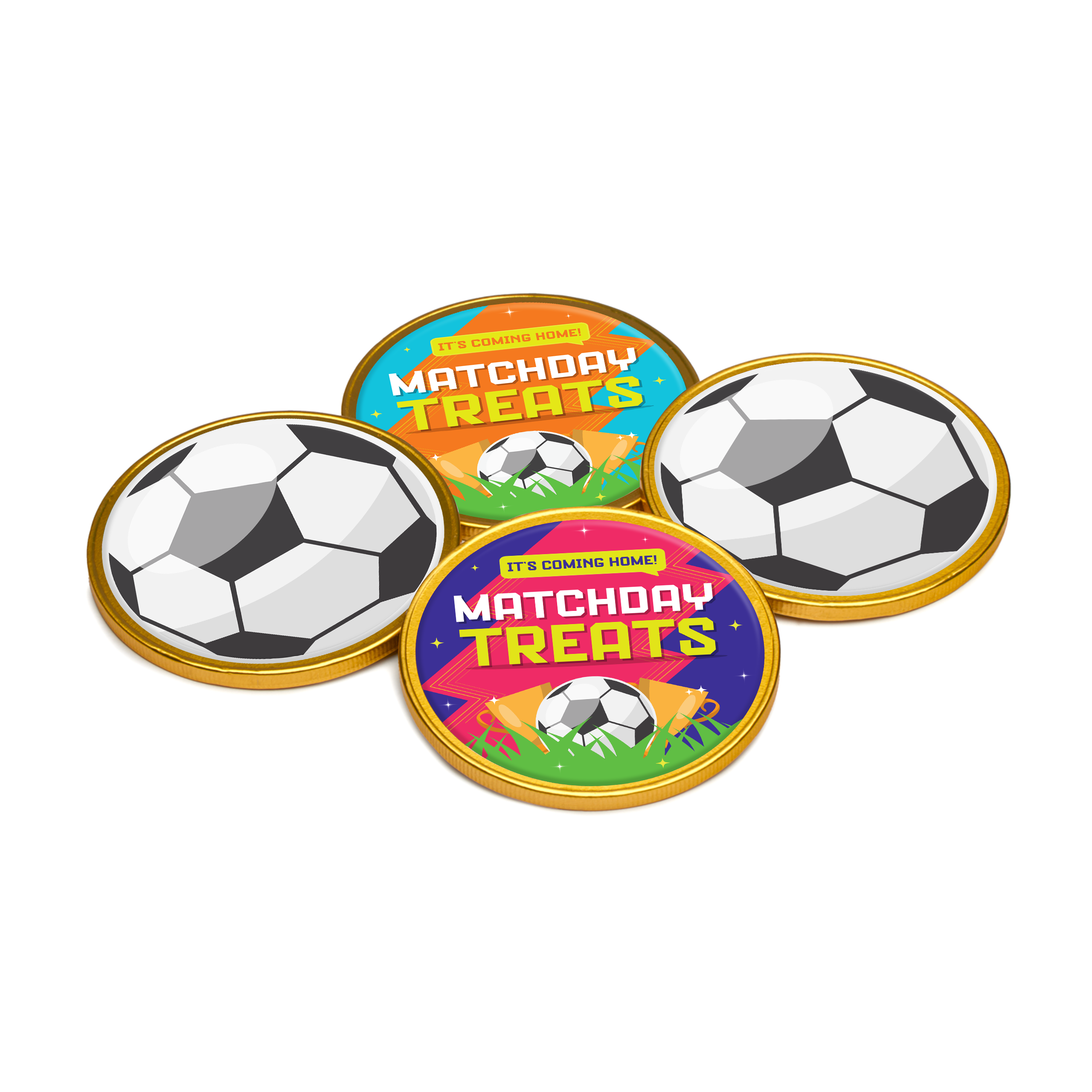 Foiled chocolate medallions, 75mm, with football design and branding, branded with your logo