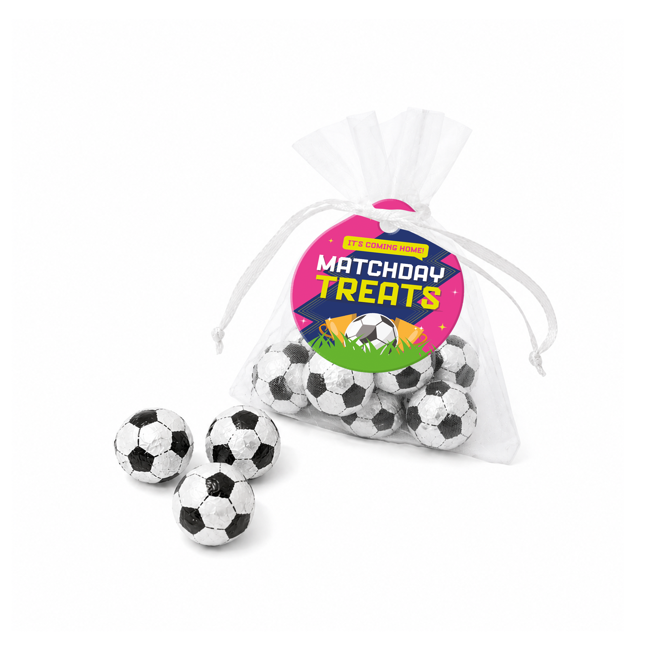 Organza bag filled with chocolate footballs, featuring a colourful promotional tag, branded with your logo