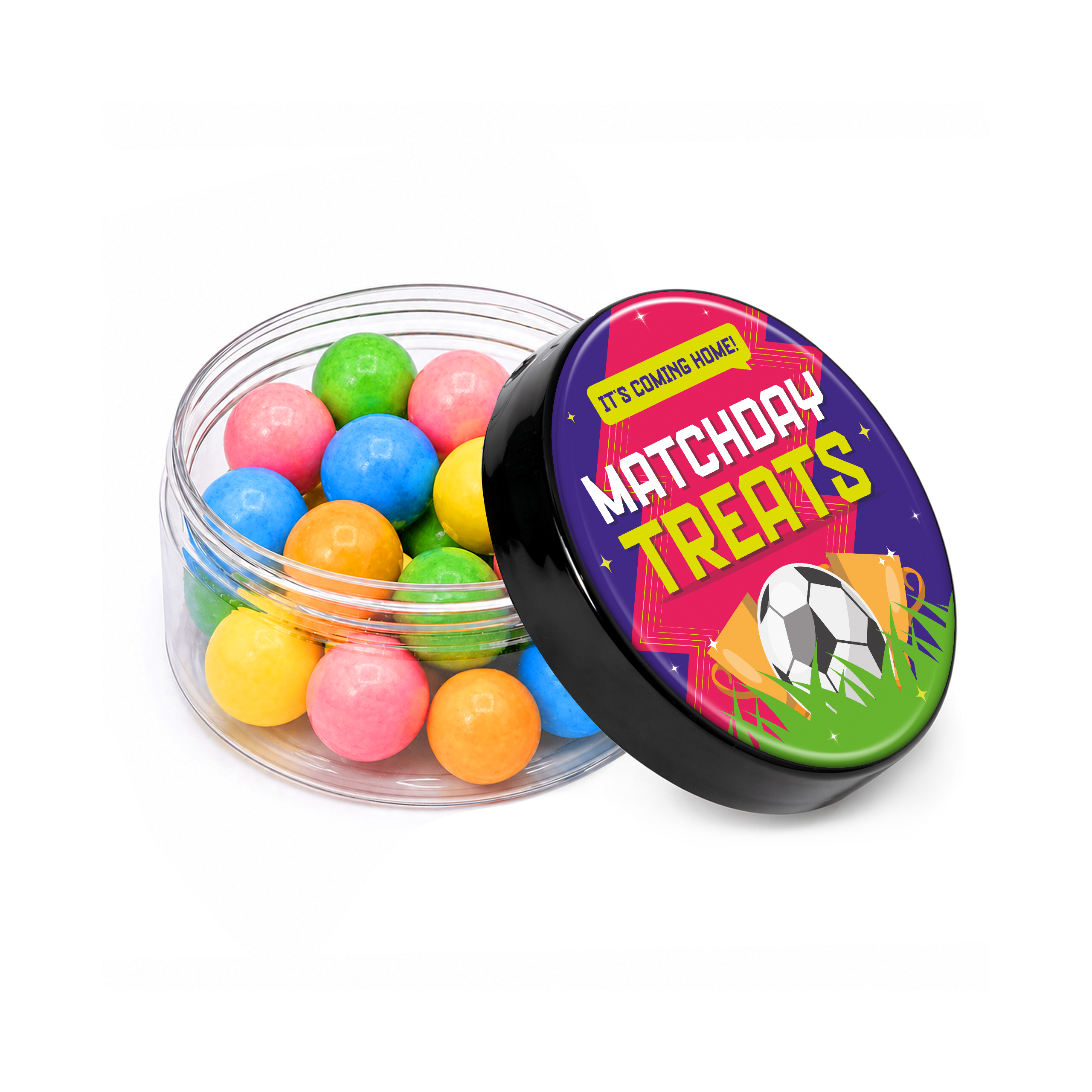 Screw top jar filled with bubblegum balls, clear body with black lid and colourful label, branded with your logo