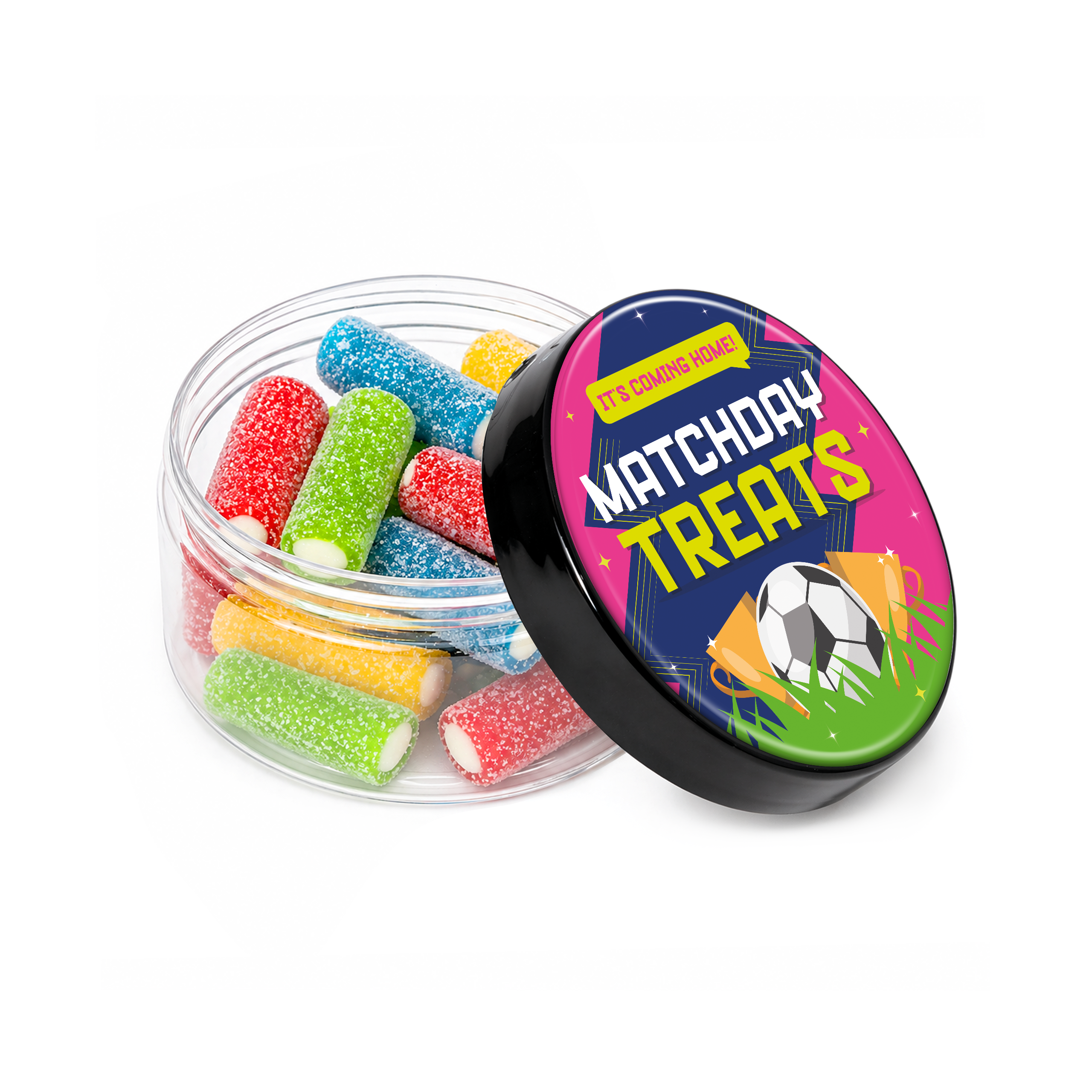Screw top jar with colourful fizzy candy, black lid, and branded label, branded with your logo