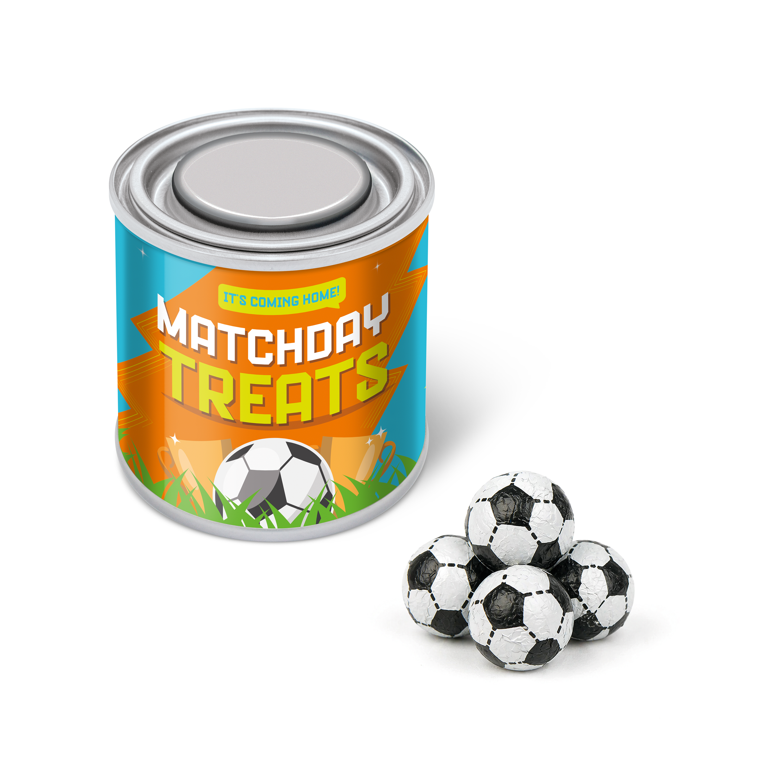Small recyclable tin with chocolate footballs inside, blue and orange design, branded with your logo