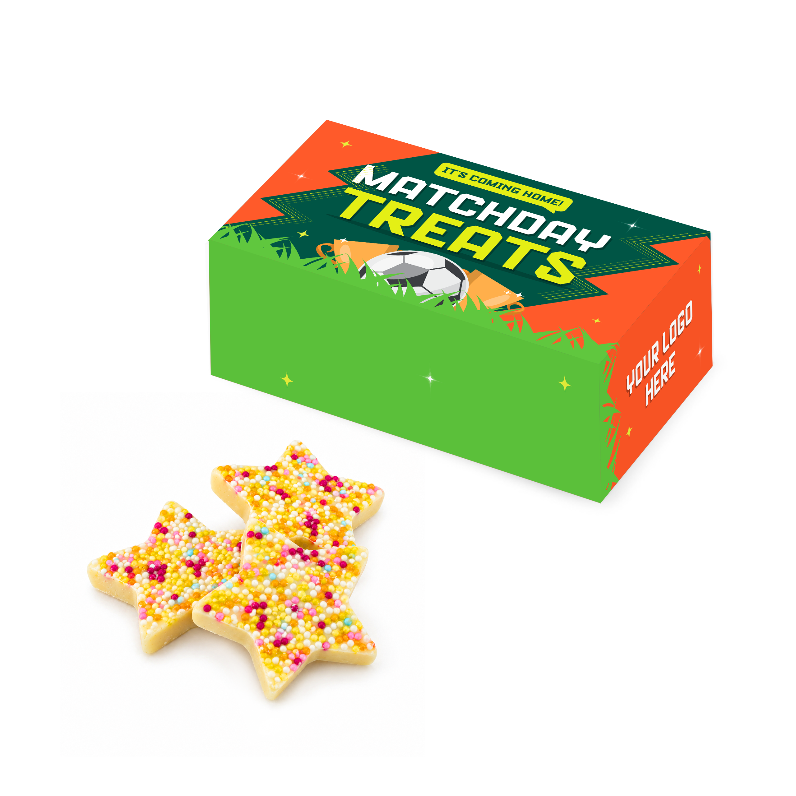 Eco Maxi Box filled with white chocolate jazzie stars, colourful sprinkles, and branding, branded with your logo