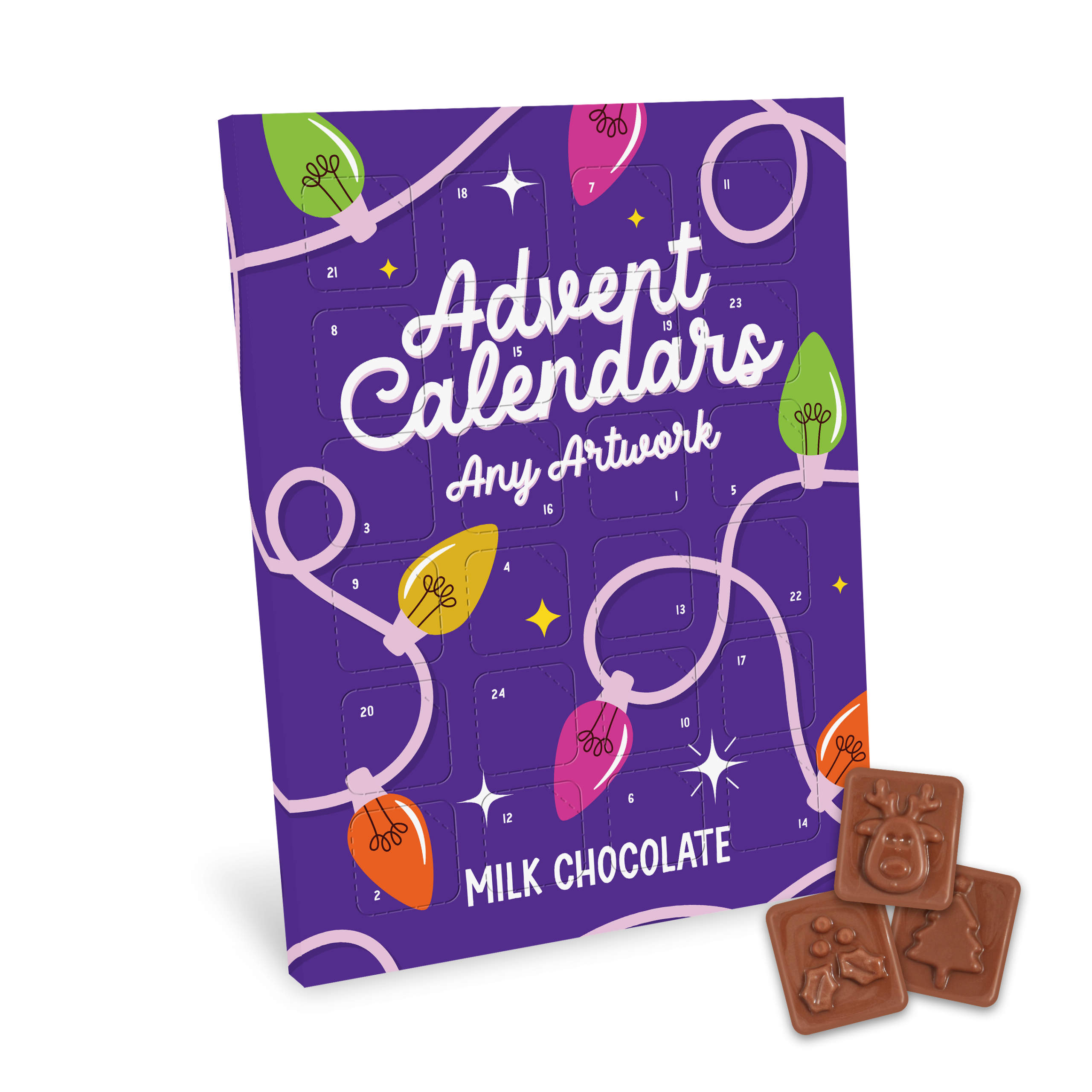 Maxi Advent Calendar with milk chocolate, featuring a snowy village design, branded with your logo
